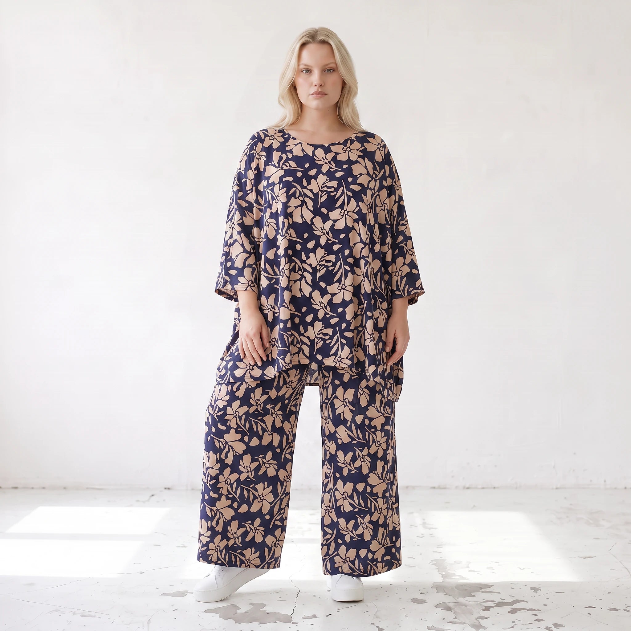 Damen Shirt Lagenlook Viskose Marine/Rose, A-Form, 3/4-Arm, Oversize große Größen – AKH Fashion