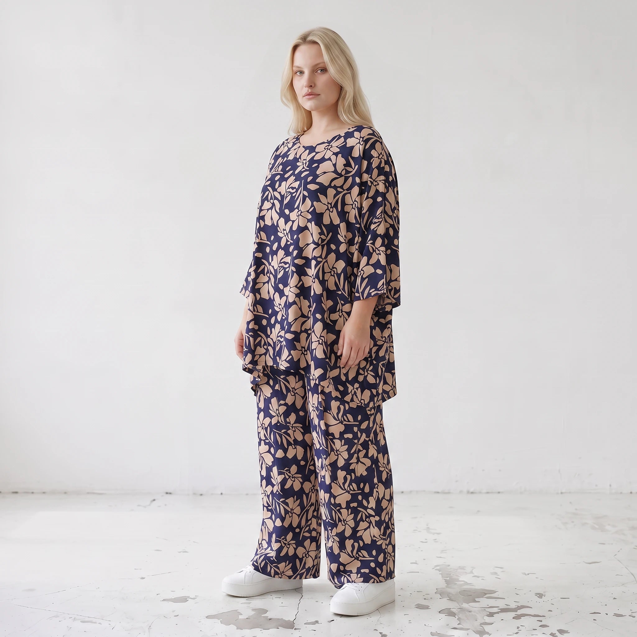 Damen Shirt Lagenlook Viskose Marine/Rose, A-Form, 3/4-Arm, Oversize große Größen – AKH Fashion