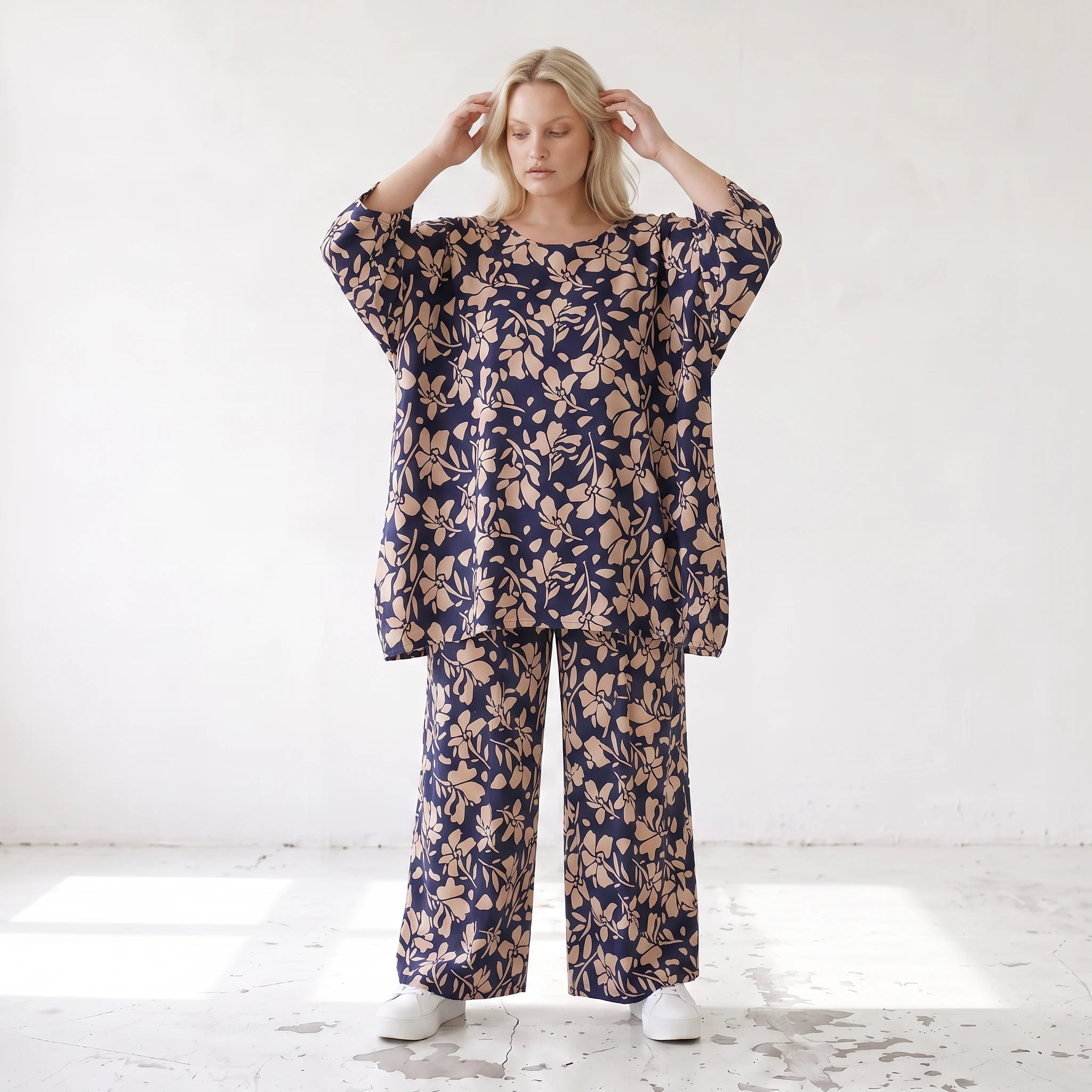 Damen Shirt Lagenlook Viskose Marine/Rose, A-Form, 3/4-Arm, Oversize große Größen – AKH Fashion