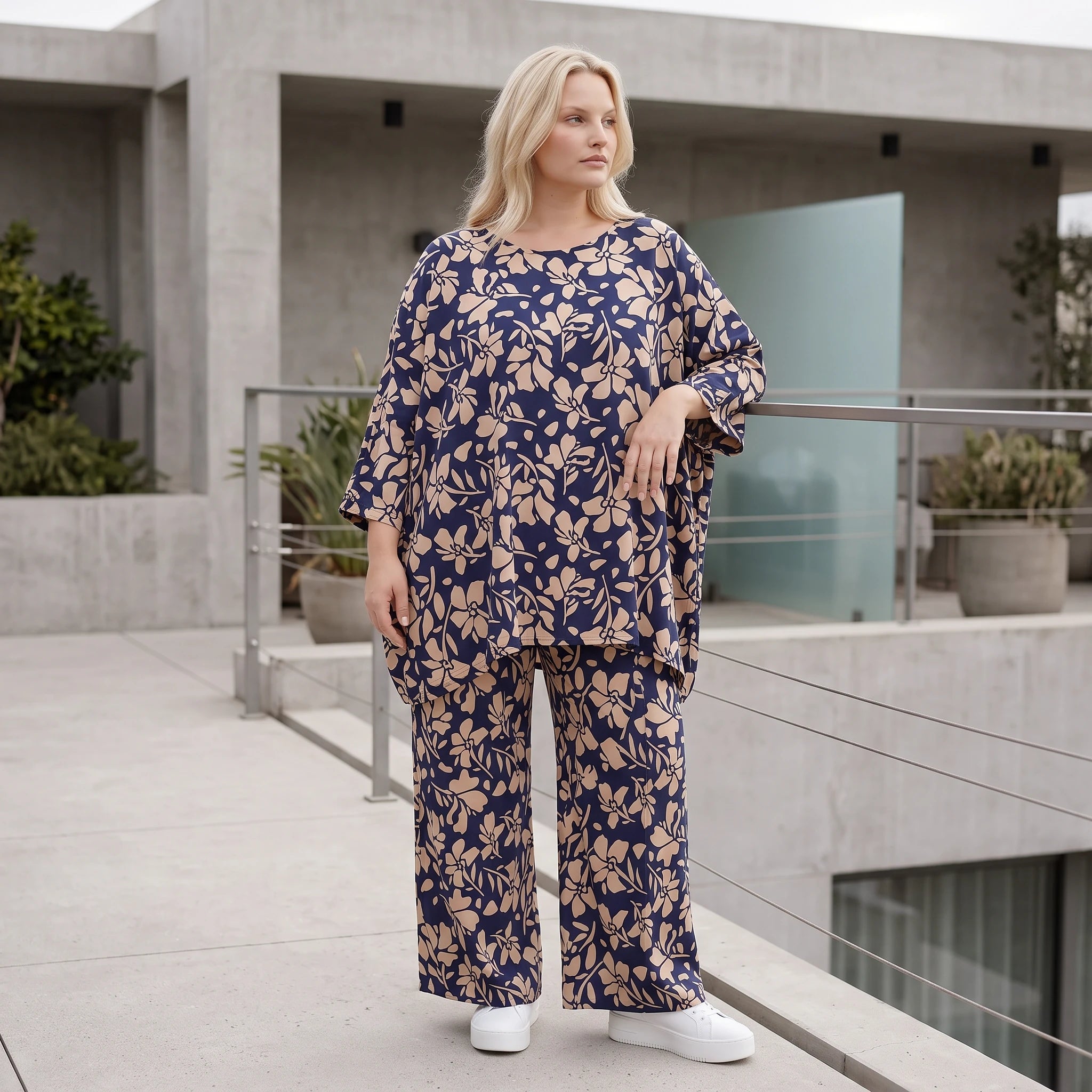 Damen Shirt Lagenlook Viskose Marine/Rose, A-Form, 3/4-Arm, Oversize große Größen – AKH Fashion