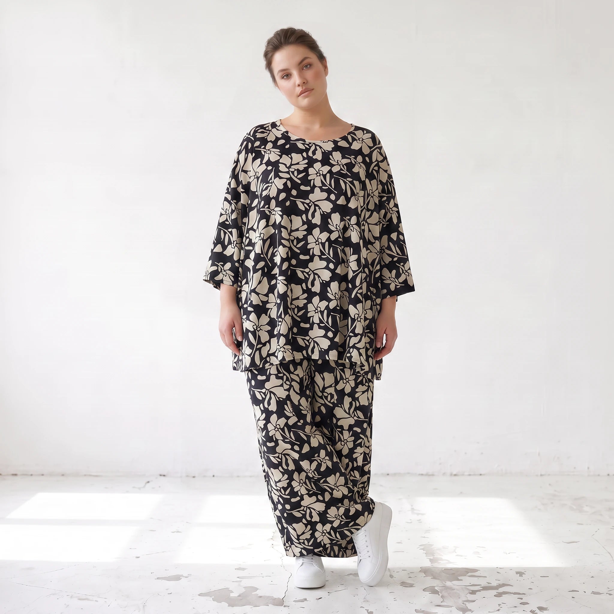 Damen Shirt Lagenlook Viskose Schwarz/Ecru, A-Form, Oversize große Größen – AKH Fashion