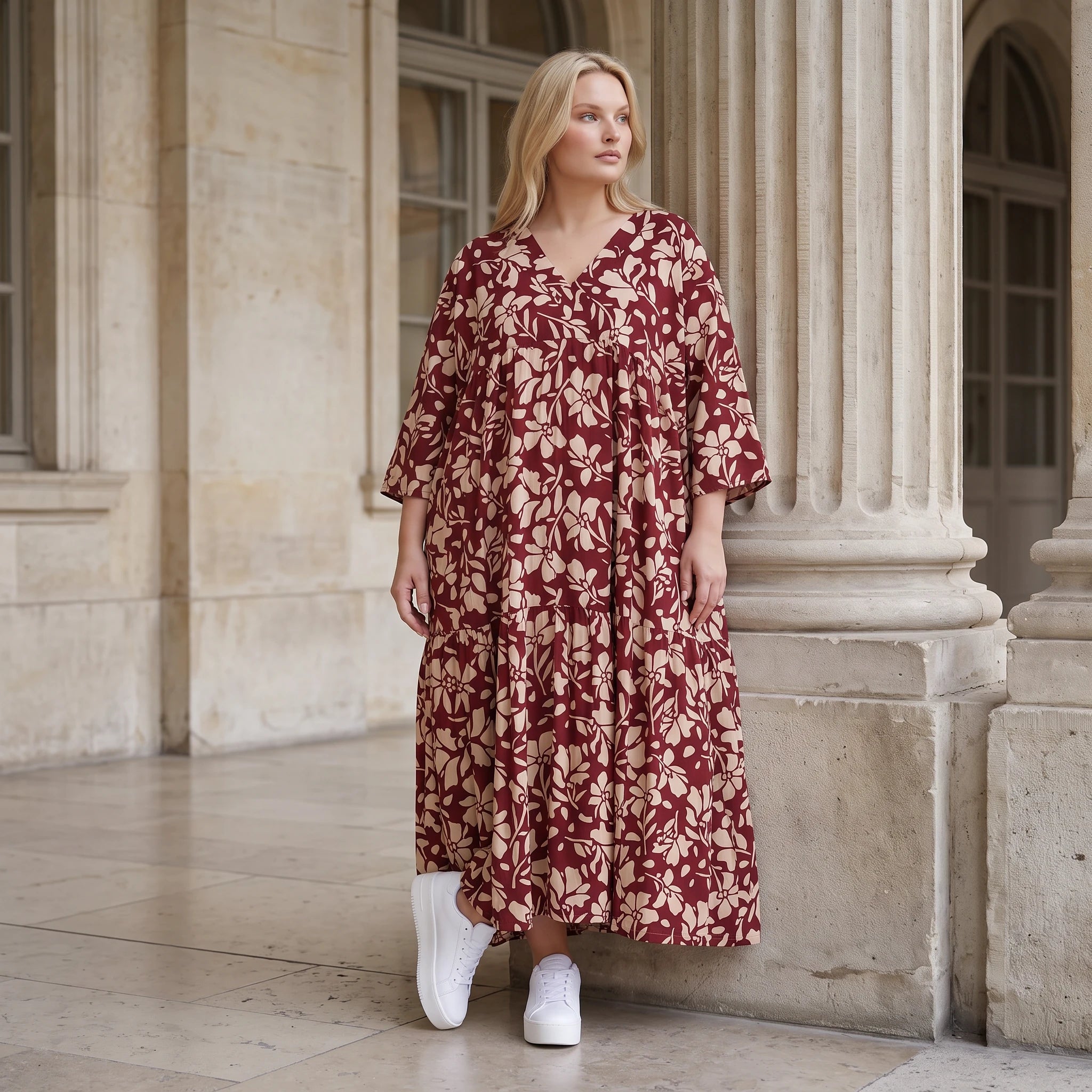 Damen Kleid Lagenlook Viskose Weinrot/Rose, A-Form, V-Ausschnitt, Oversize große Größen – AKH Fashion
