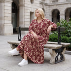 Damen Kleid Lagenlook Viskose Weinrot/Rose, A-Form, V-Ausschnitt, Oversize große Größen – AKH Fashion