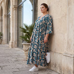 Damen Kleid Lagenlook Viskose Petrol/Rose, A-Form, 3/4-Arm, V-Ausschnitt, Oversize große Größen – AKH Fashion
