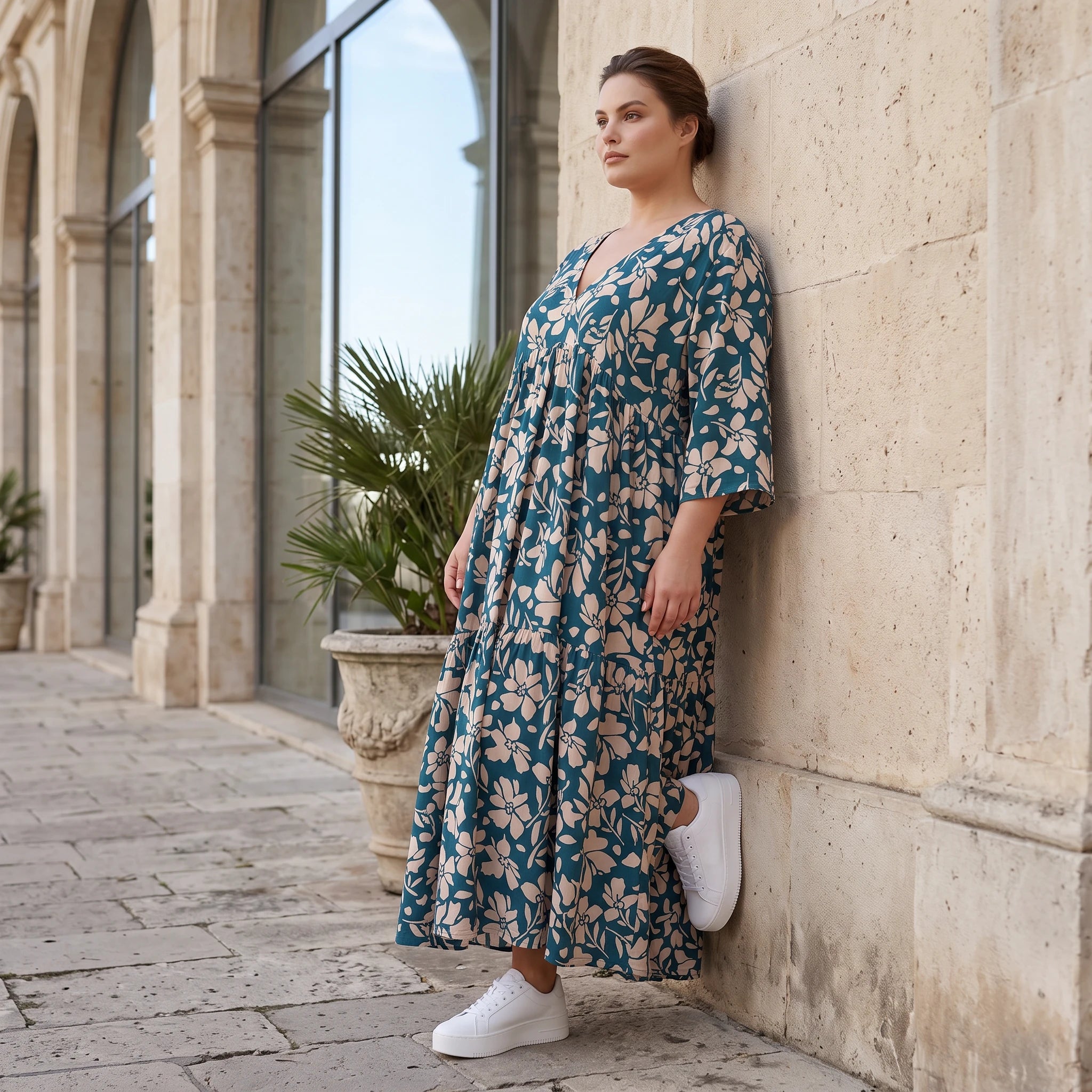 Damen Kleid Lagenlook Viskose Petrol/Rose, A-Form, 3/4-Arm, V-Ausschnitt, Oversize große Größen – AKH Fashion