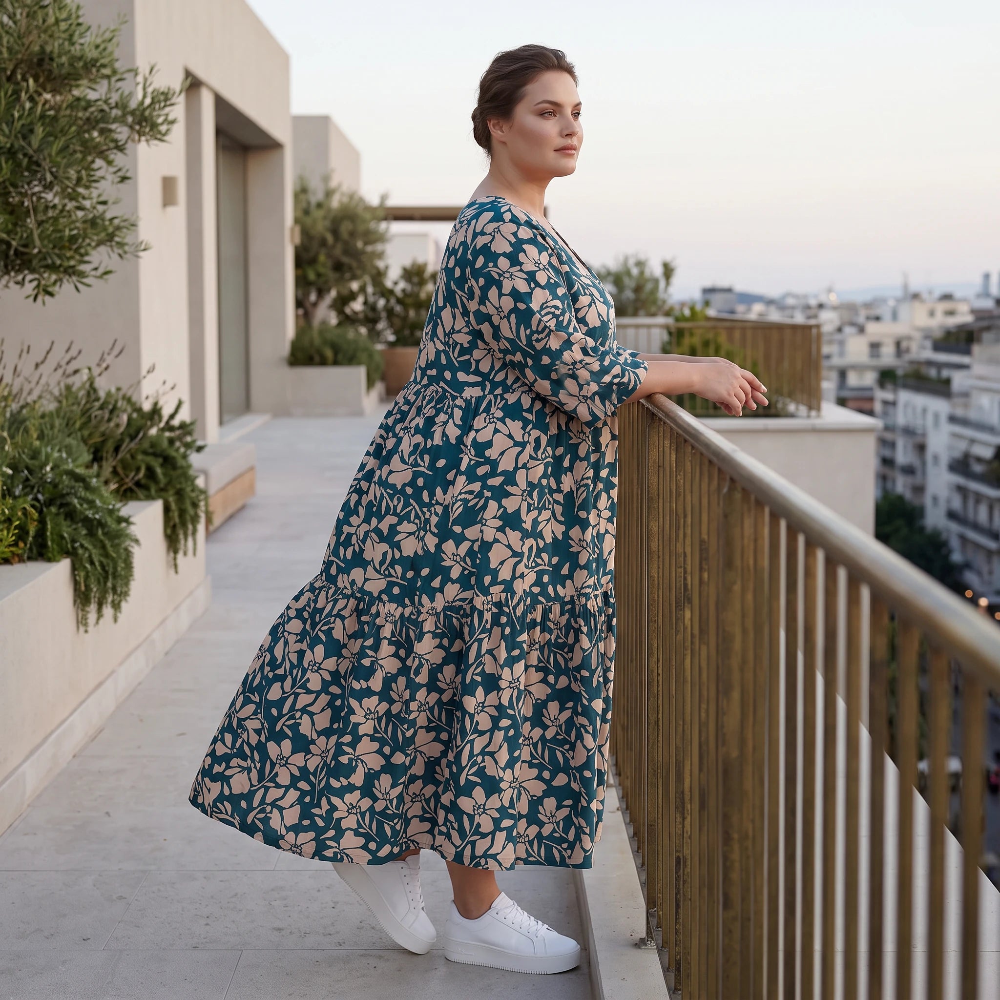 Damen Kleid Lagenlook Viskose Petrol/Rose, A-Form, 3/4-Arm, V-Ausschnitt, Oversize große Größen – AKH Fashion