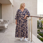 Damen Kleid Lagenlook Viskose Marine/Rose, A-Form, V-Ausschnitt, Oversize große Größen – AKH Fashion