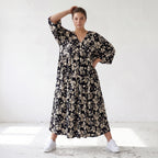 Damen Kleid Lagenlook Viskose Schwarz/Ecru, A-Form, V-Ausschnitt, Oversize große Größen – AKH Fashion
