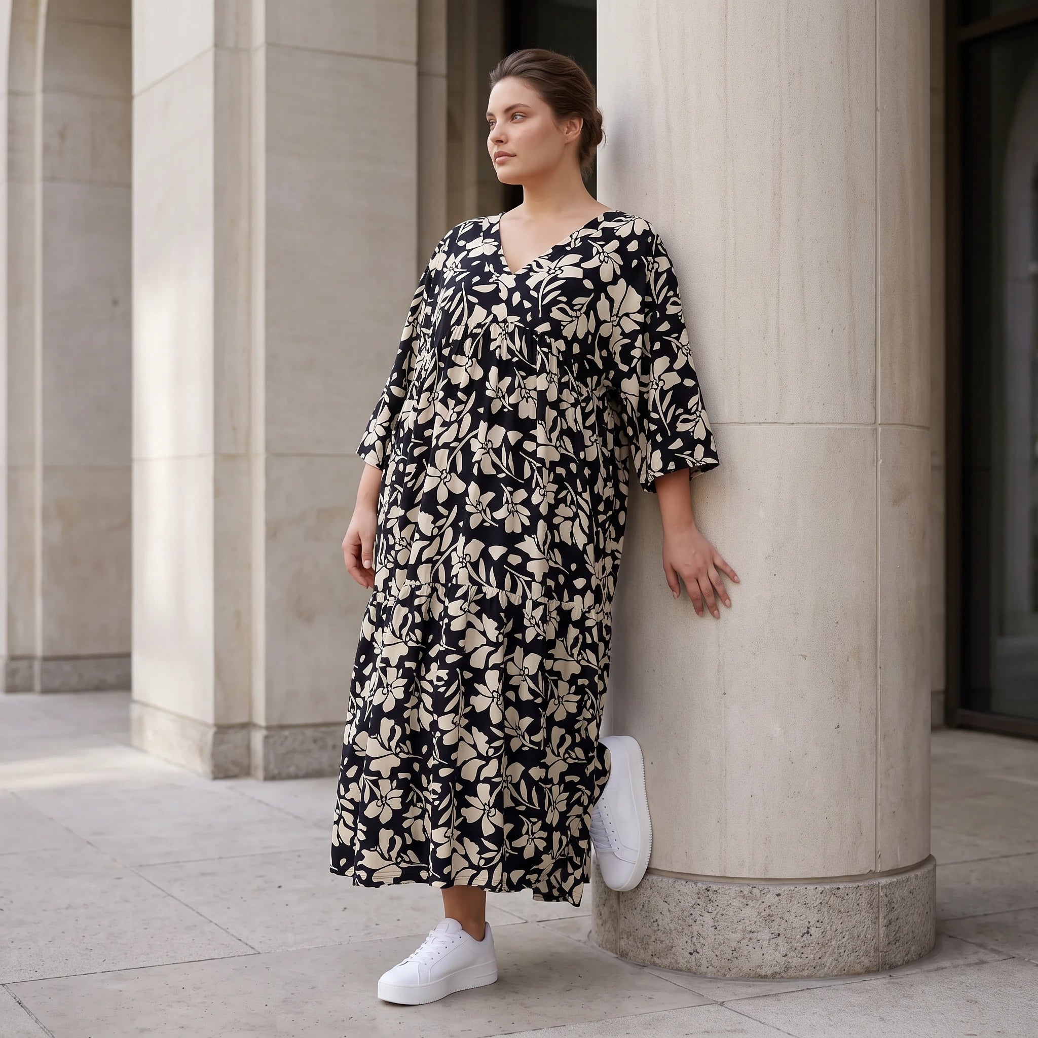 Damen Kleid Lagenlook Viskose Schwarz/Ecru, A-Form, V-Ausschnitt, Oversize große Größen – AKH Fashion