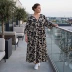 Damen Kleid Lagenlook Viskose Schwarz/Ecru, A-Form, V-Ausschnitt, Oversize große Größen – AKH Fashion