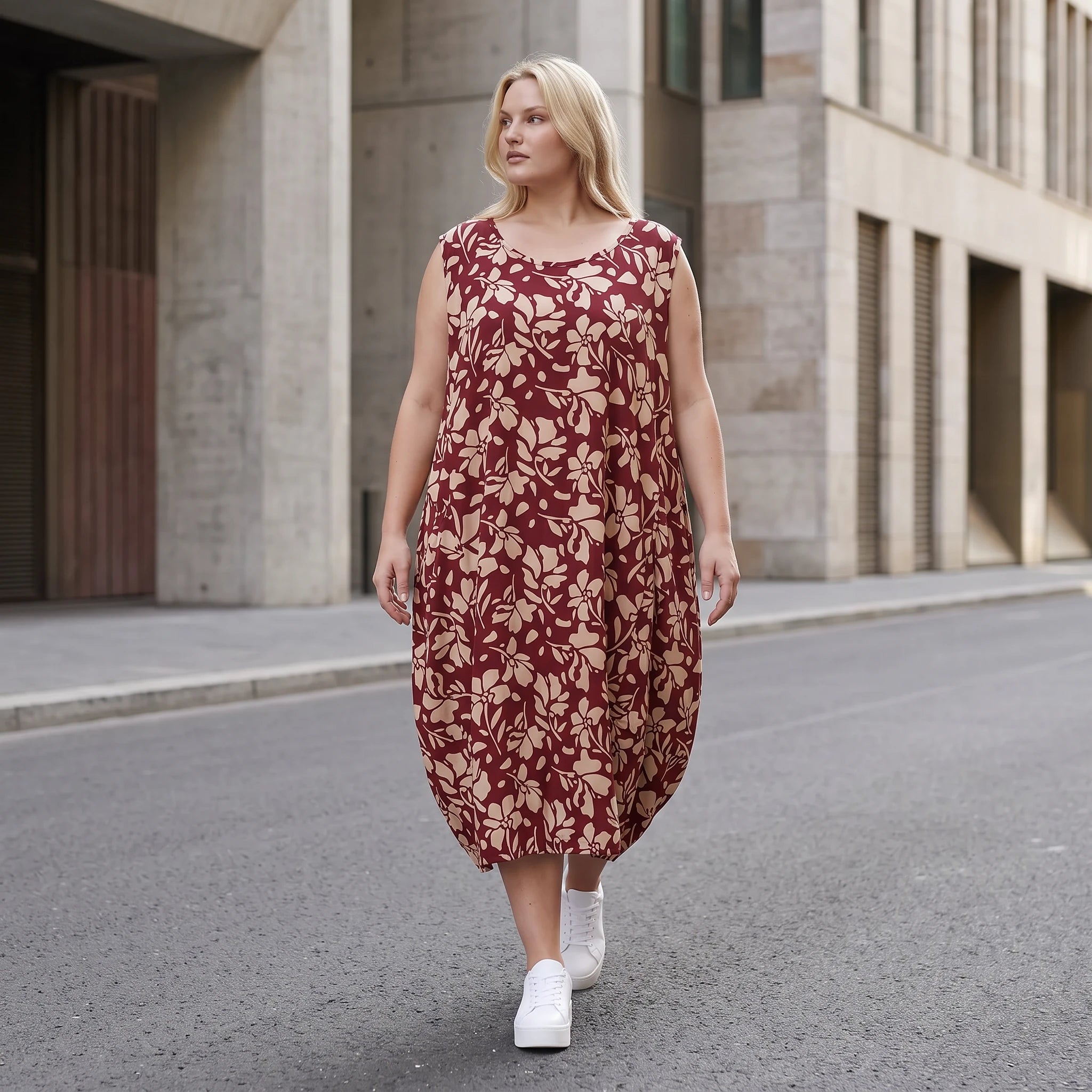 Damen Kleid Lagenlook Viskose Weinrot/Rose, Ballonschnitt, ärmellos, Flügeltaschen, Oversize große Größen – AKH Fashion