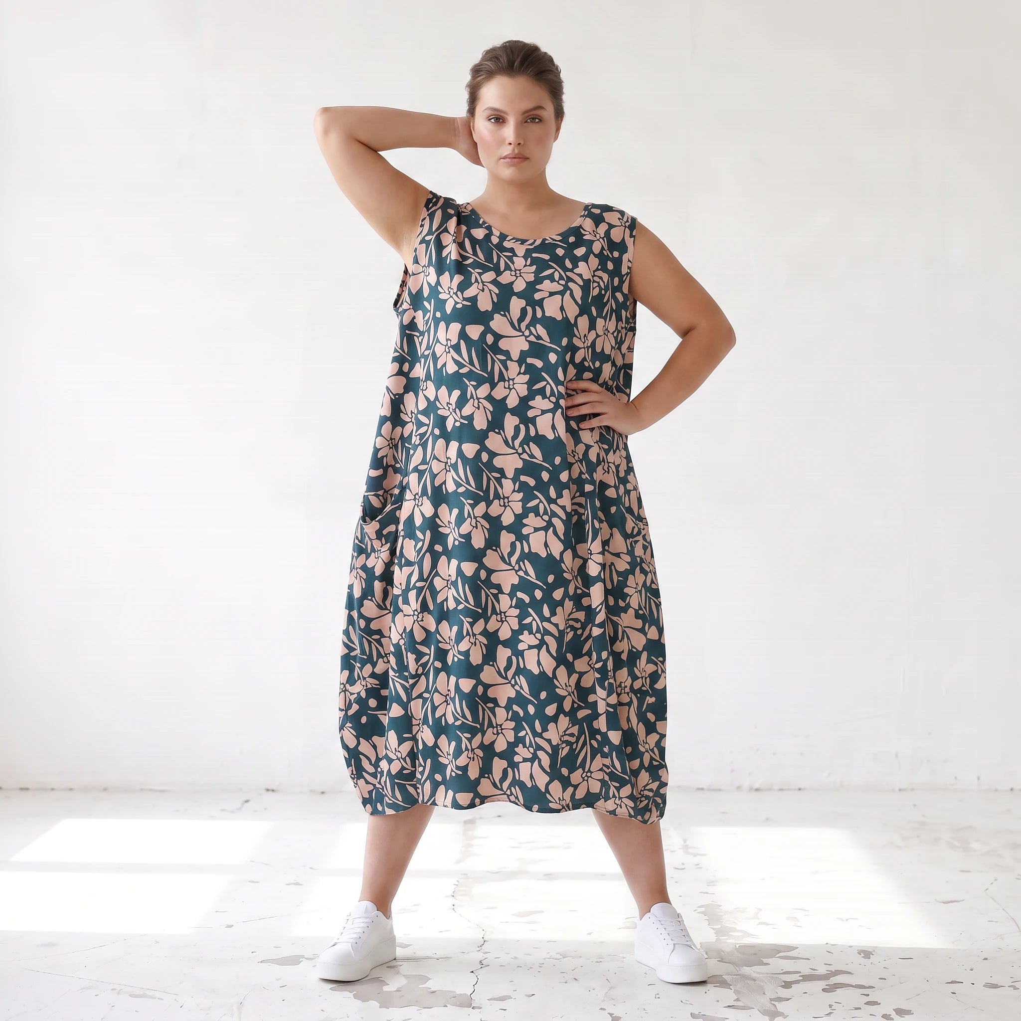 Damen Kleid Lagenlook Viskose Petrol/Rose, Ballonschnitt, ärmellos, Flügeltaschen, Oversize große Größen – AKH Fashion
