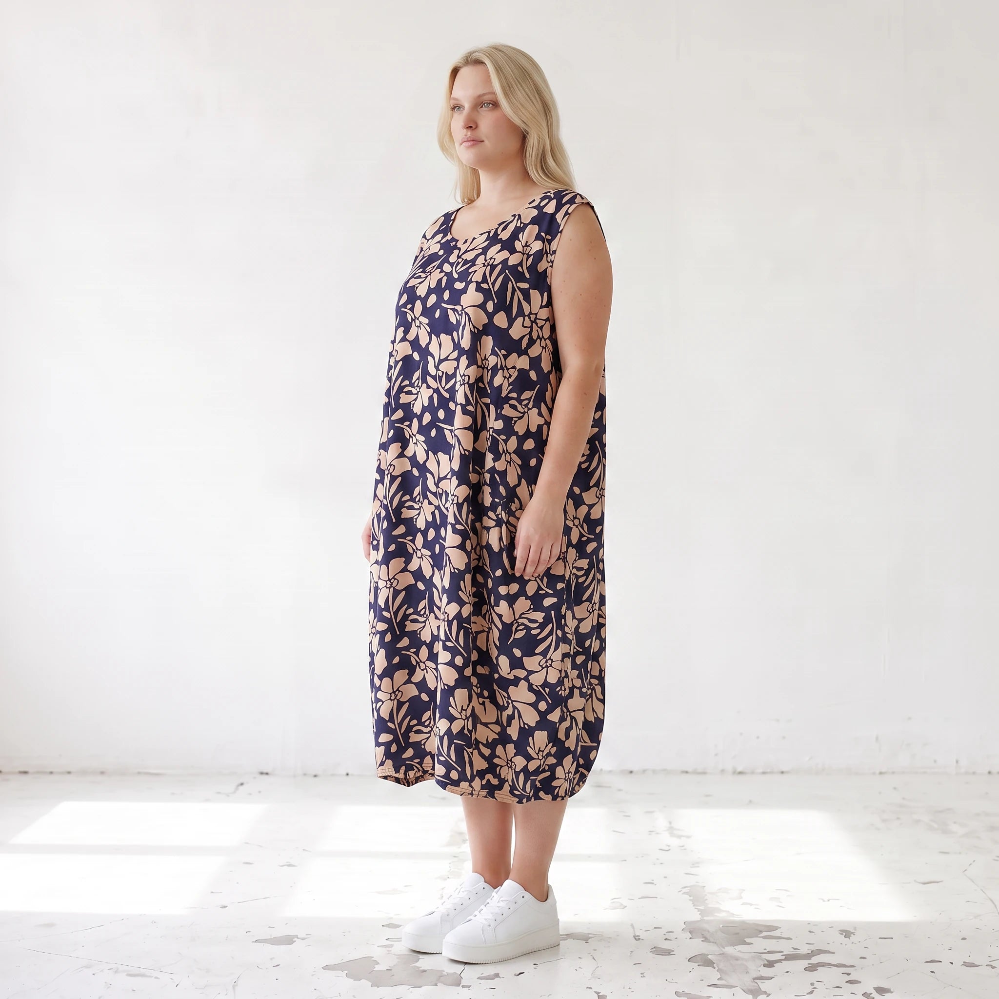 Damen Kleid Lagenlook Viskose Marine/Rose, Ballonschnitt, ärmellos, Flügeltaschen, Oversize große Größen – AKH Fashion
