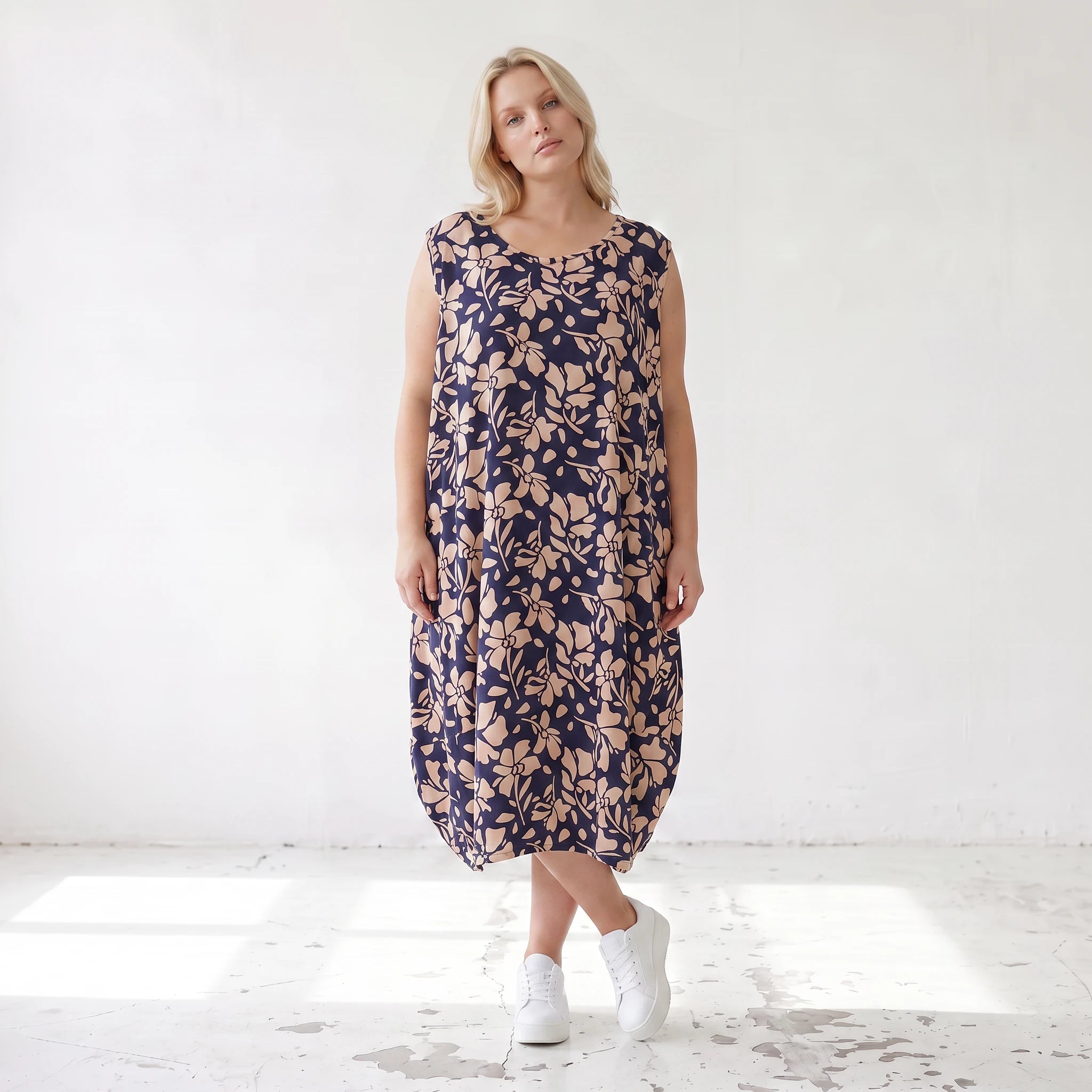Damen Kleid Lagenlook Viskose Marine/Rose, Ballonschnitt, ärmellos, Flügeltaschen, Oversize große Größen – AKH Fashion