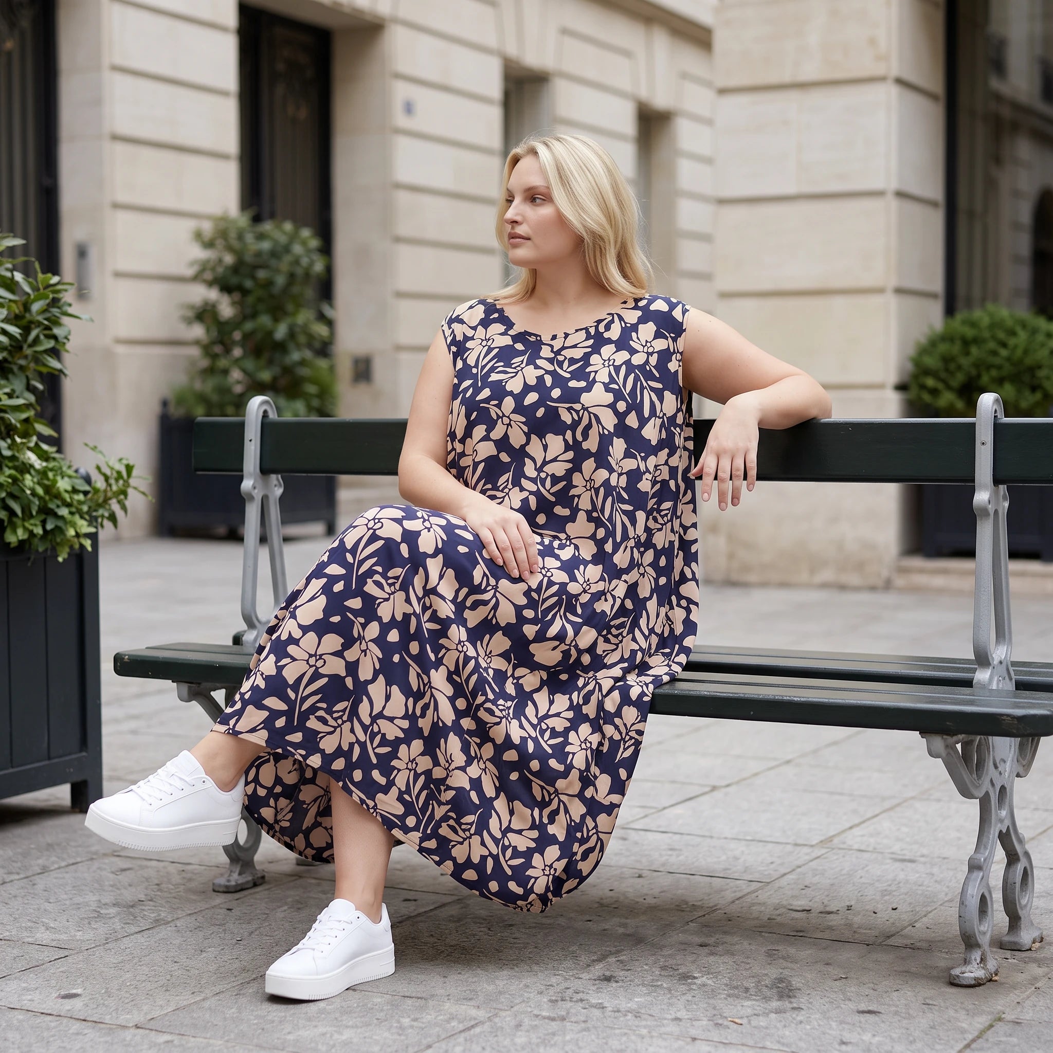 Damen Kleid Lagenlook Viskose Marine/Rose, Ballonschnitt, ärmellos, Flügeltaschen, Oversize große Größen – AKH Fashion