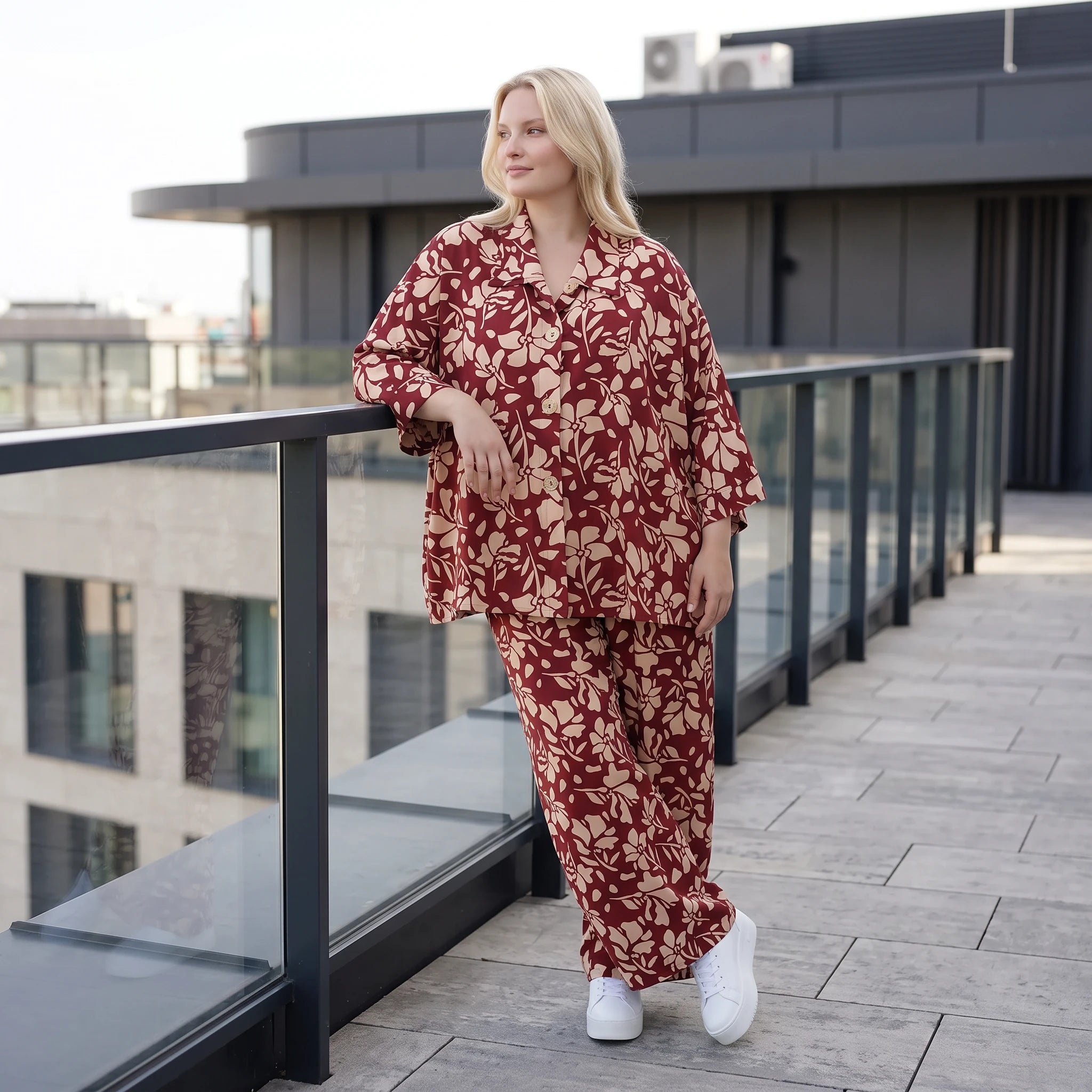Damen Hose Lagenlook Viskose Weinrot/Rose, Ballonschnitt, Elastikbund, Oversize große Größen – AKH Fashion