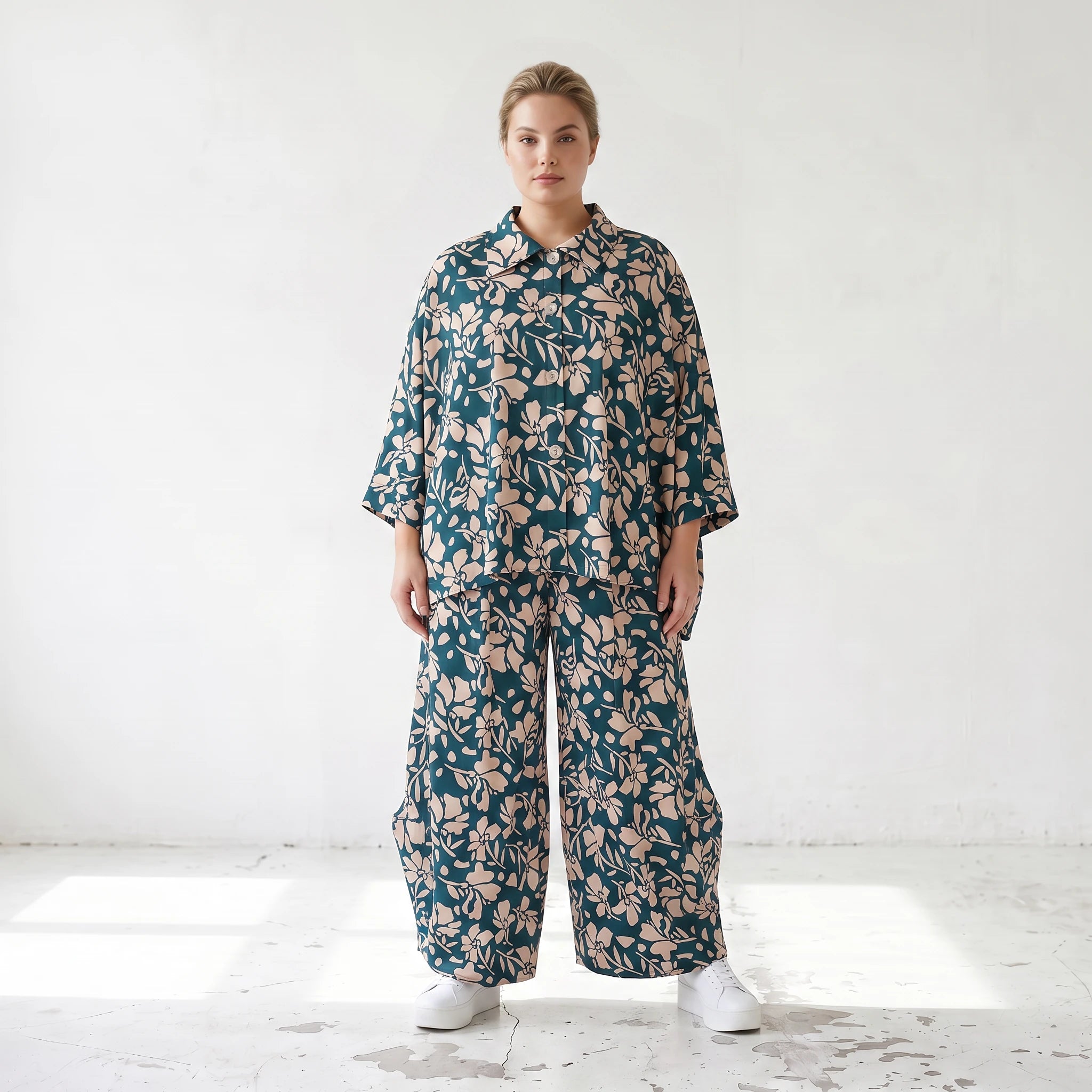 Damen Hose Lagenlook Viskose Petrol/Rose, Ballonschnitt, Elastikbund, Oversize große Größen – AKH Fashion