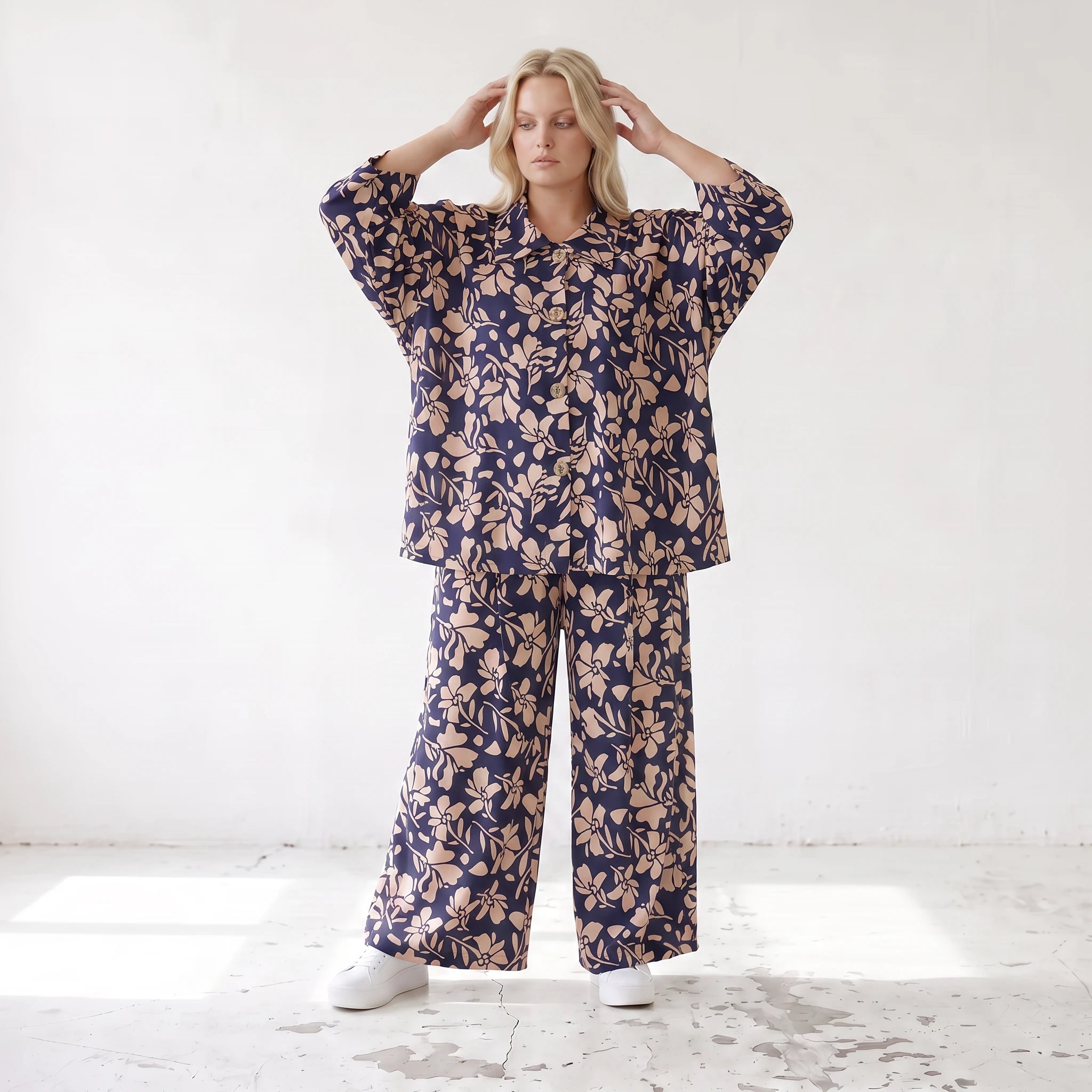 Damen Hose Lagenlook Viskose Marine/Rose, Ballonschnitt, Elastikbund, Oversize große Größen – AKH Fashion