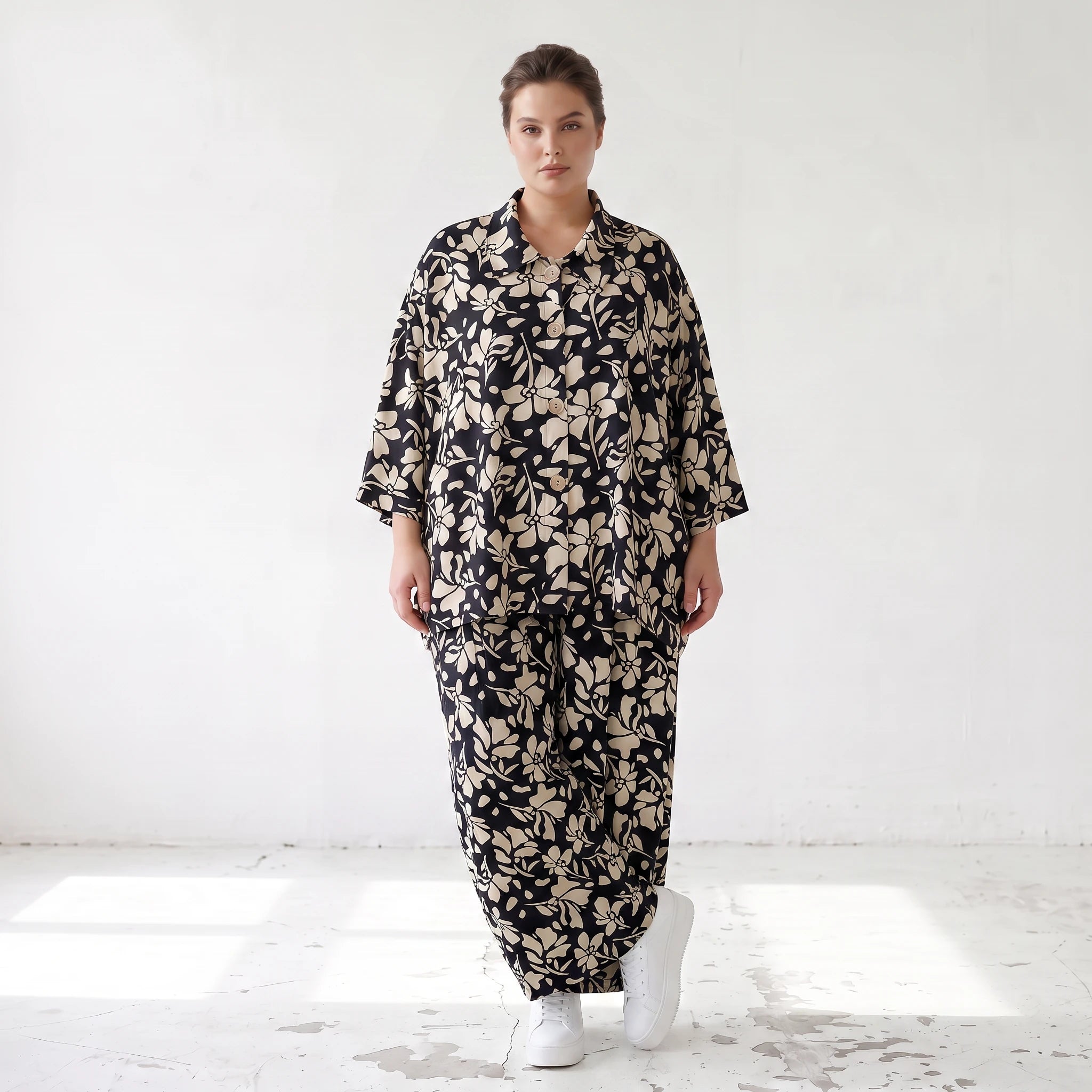 Damen Hose Lagenlook Viskose Schwarz/Ecru, Ballonschnitt, Elastikbund, Oversize große Größen – AKH Fashion