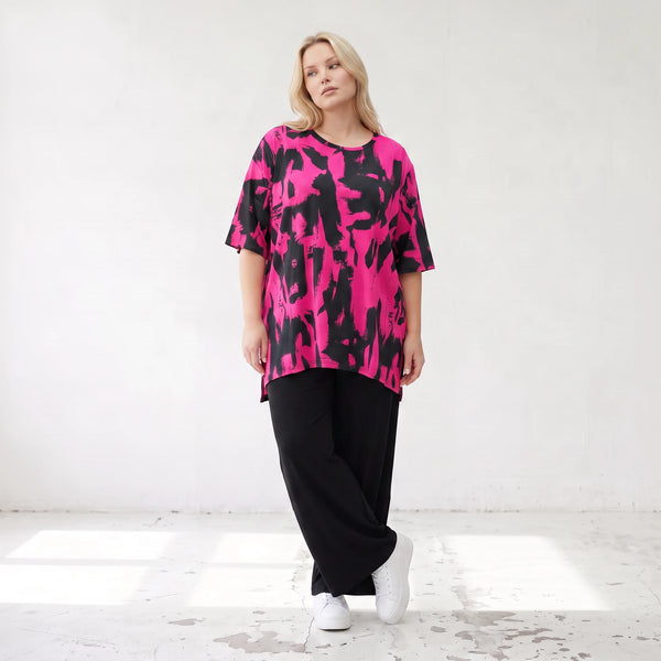 Damen Shirt Lagenlook Baumwolle Pink/Schwarz, A-Linie, Kurzarm, Seitenschlitze, Oversize große Größen – Funky Diva