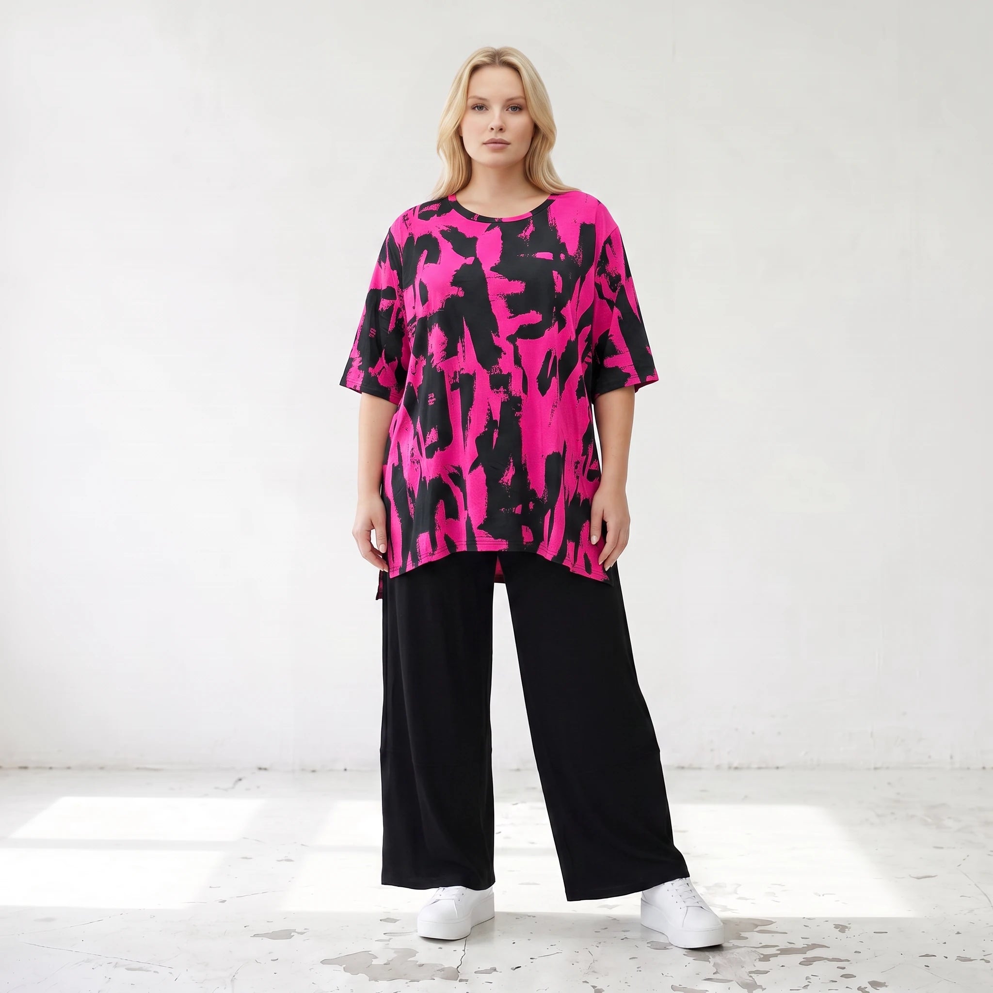 Damen Shirt Lagenlook Baumwolle Pink/Schwarz, A-Linie, Kurzarm, Seitenschlitze, Oversize große Größen – Funky Diva