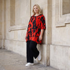 Damen Shirt Lagenlook Baumwolle Rot/Schwarz, A-Linie, Kurzarm, Seitenschlitze, Oversize große Größen – Funky Diva