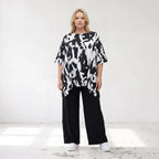 Damen Shirt Lagenlook Baumwolle Schwarz/Weiß, A-Linie, Kurzarm, Seitenschlitze, Oversize große Größen – Funky Diva