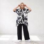 Damen Shirt Lagenlook Baumwolle Schwarz/Weiß, A-Linie, Kurzarm, Seitenschlitze, Oversize große Größen – Funky Diva