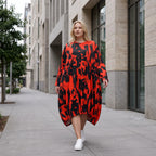Damen Kleid Lagenlook Baumwolle Rot/Schwarz, Ballonform, Flügeltaschen, Oversize große Größen – Funky Diva