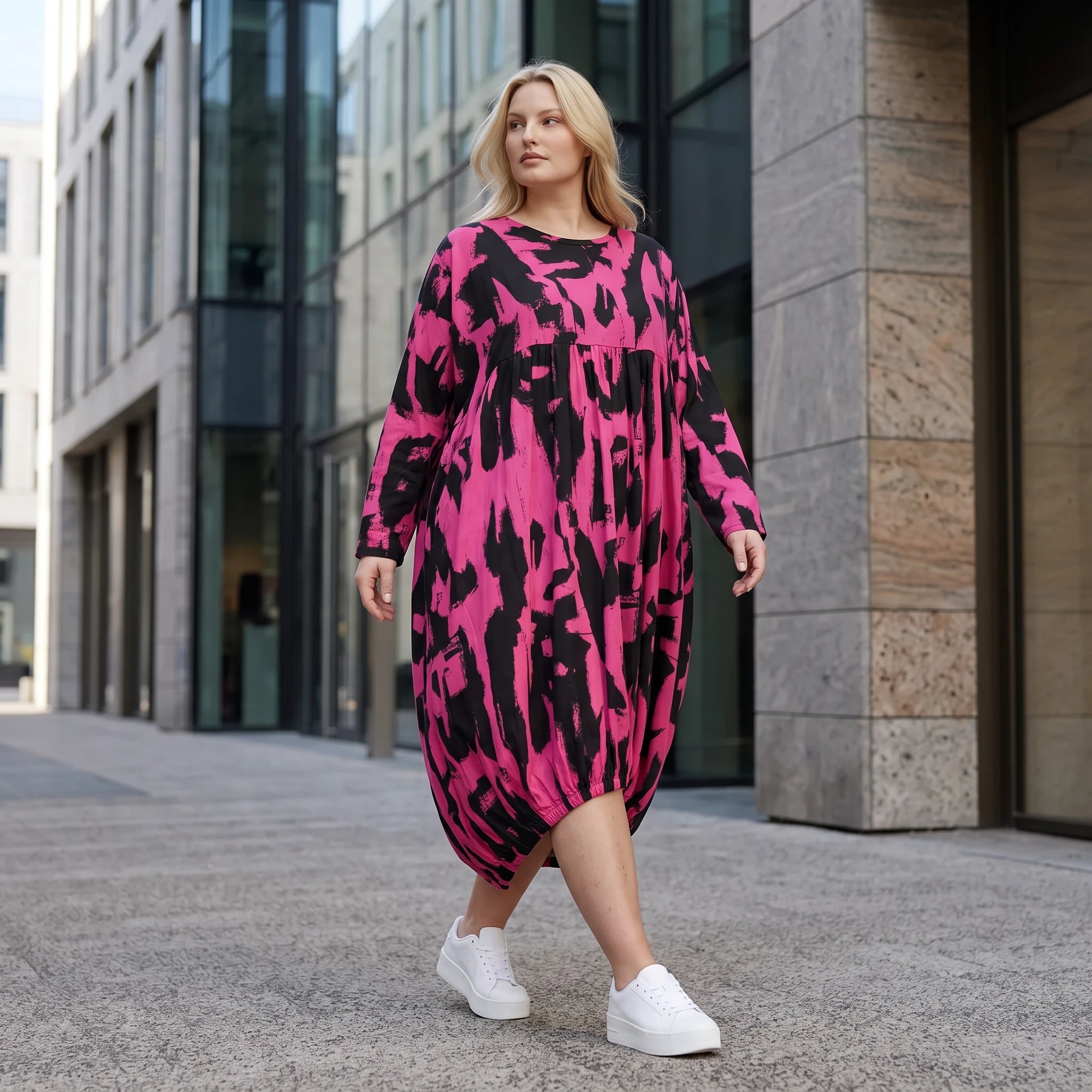 Damen Kleid Lagenlook Baumwolle Pink/Schwarz, Ballonform, Elastikbund, Oversize große Größen – Funky Diva