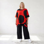 Damen Shirt Lagenlook Baumwolle Rot/Schwarz, A-Linie, Punkte, Kurzarm, Seitenschlitze, Oversize große Größen – Funky Diva