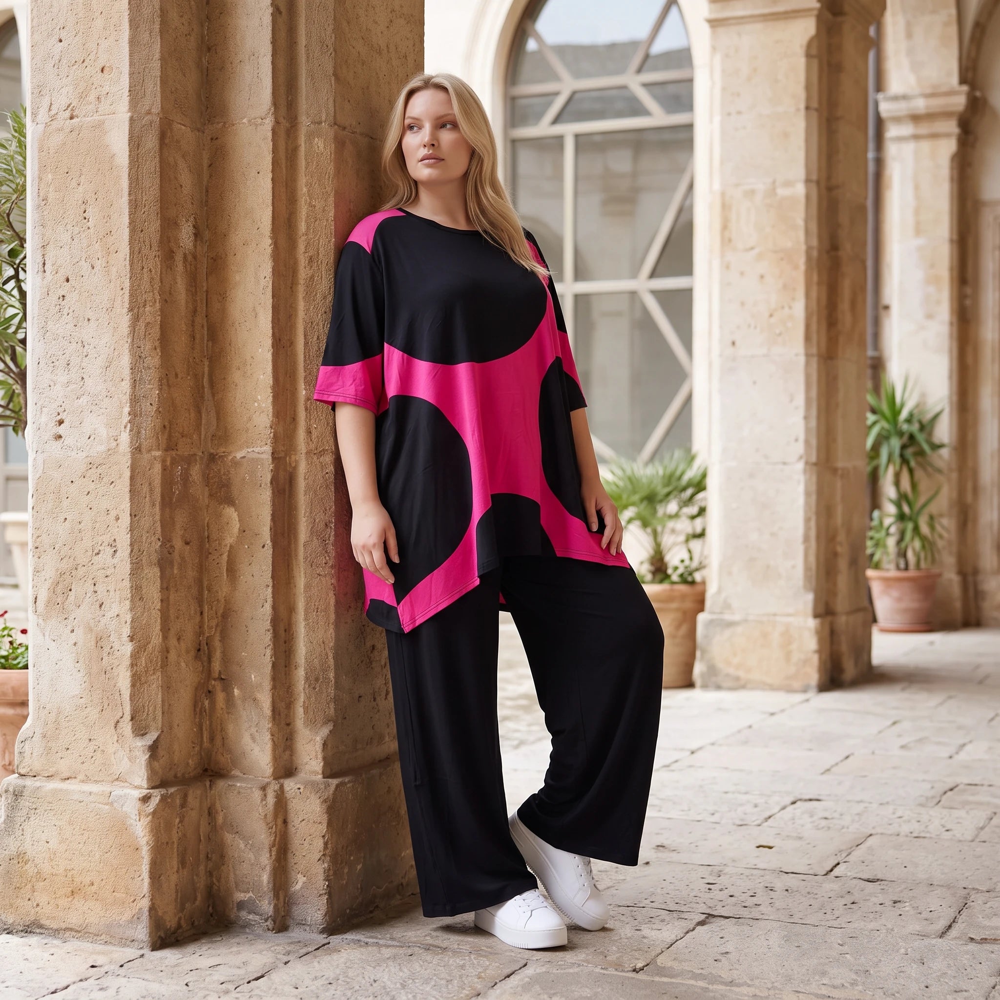 Damen Shirt Lagenlook Baumwolle Pink/Schwarz, A-Linie, Punkte, Kurzarm, Seitenschlitze, Oversize große Größen – Funky Diva
