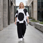 Damen Shirt Lagenlook Baumwolle Schwarz/Weiß, A-Linie, Punkte, Kurzarm, Seitenschlitze, Oversize große Größen – Funky Diva