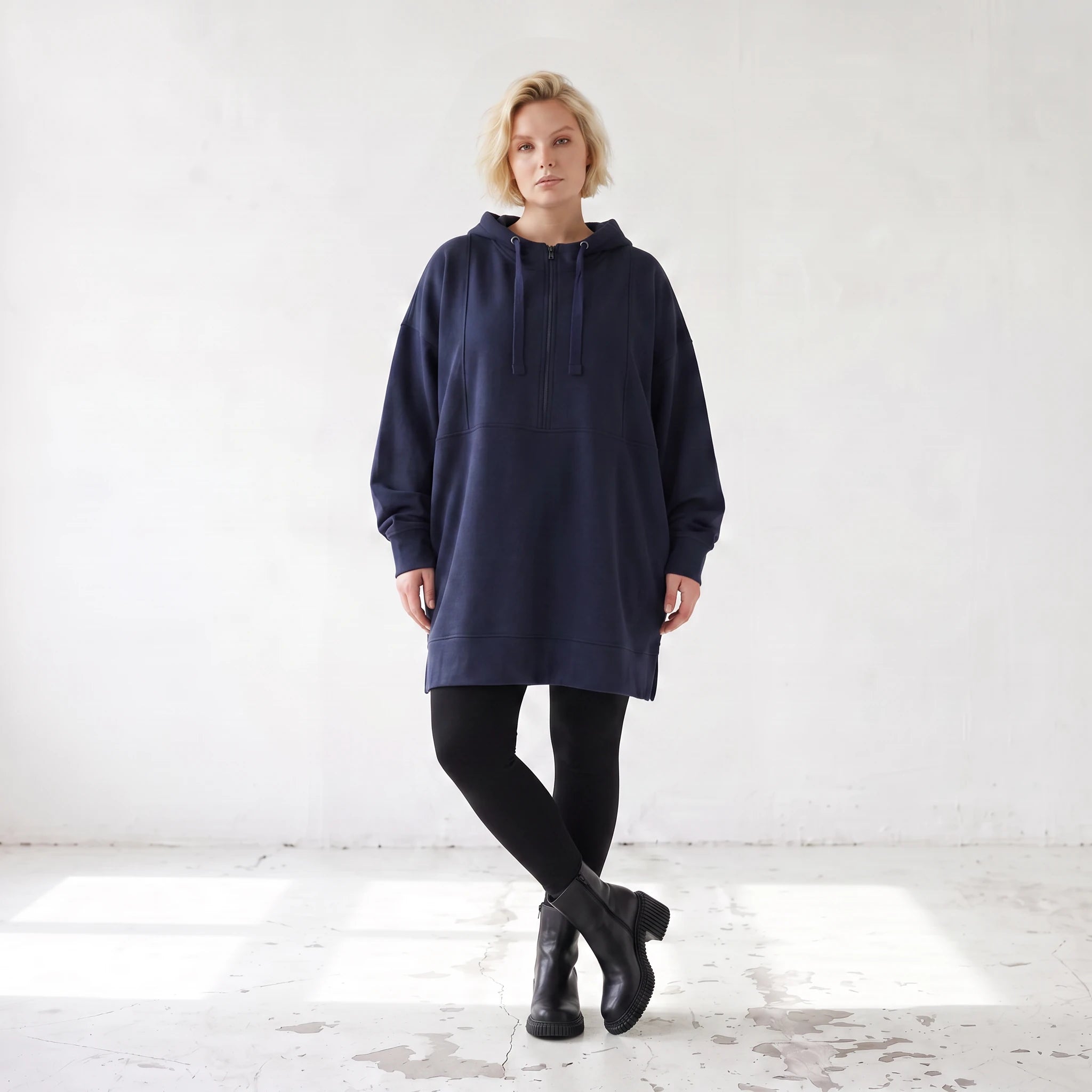 Damen Hoody Lagenlook Baumwolle Blau, gerader Schnitt, Kapuze, Oversize große Größen – Rafay