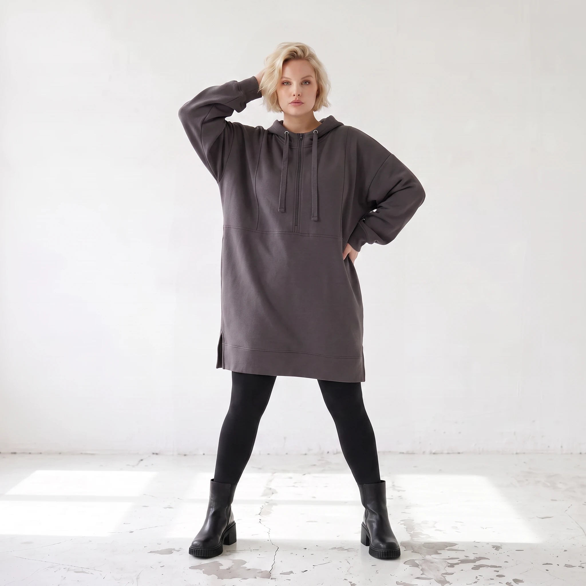 Damen Hoody Lagenlook Baumwolle Anthrazit, gerader Schnitt, Kapuze, Oversize große Größen – Rafay