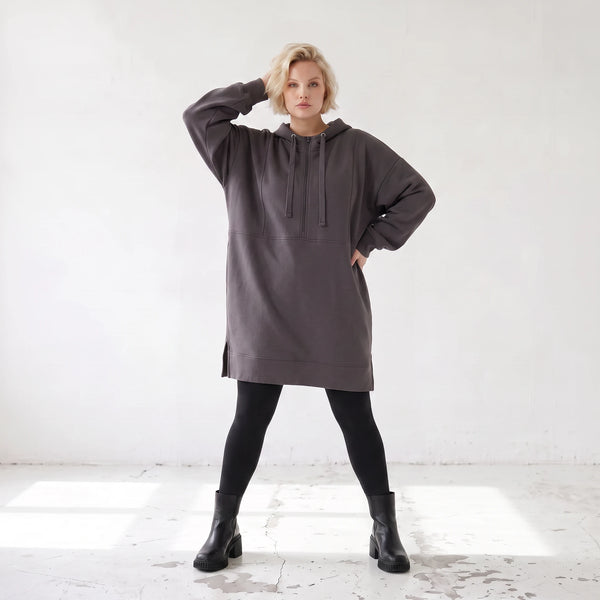 Damen Hoody Lagenlook Baumwolle Anthrazit, gerader Schnitt, Kapuze, Oversize große Größen – Rafay