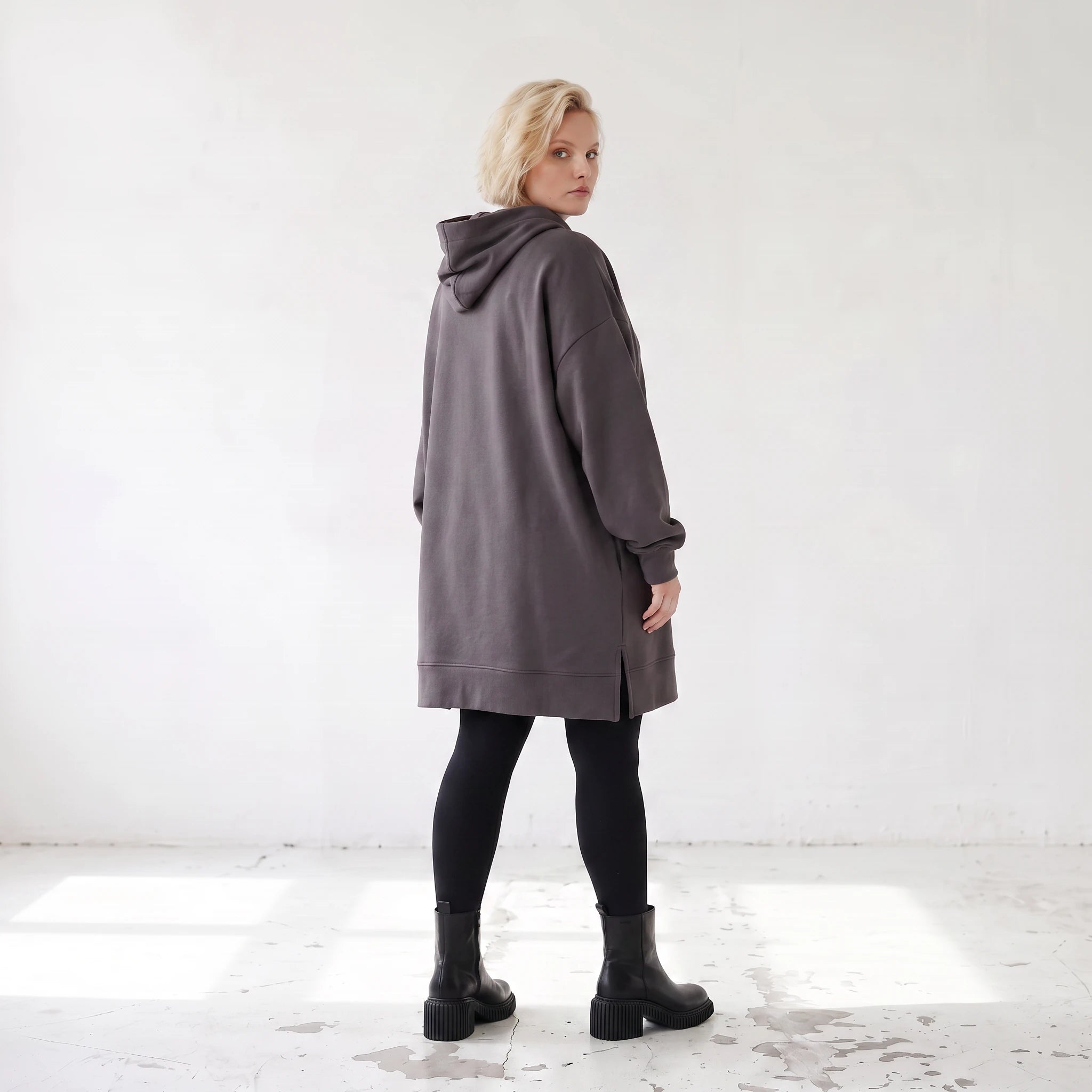 Damen Hoody Lagenlook Baumwolle Anthrazit, gerader Schnitt, Kapuze, Oversize große Größen – Rafay