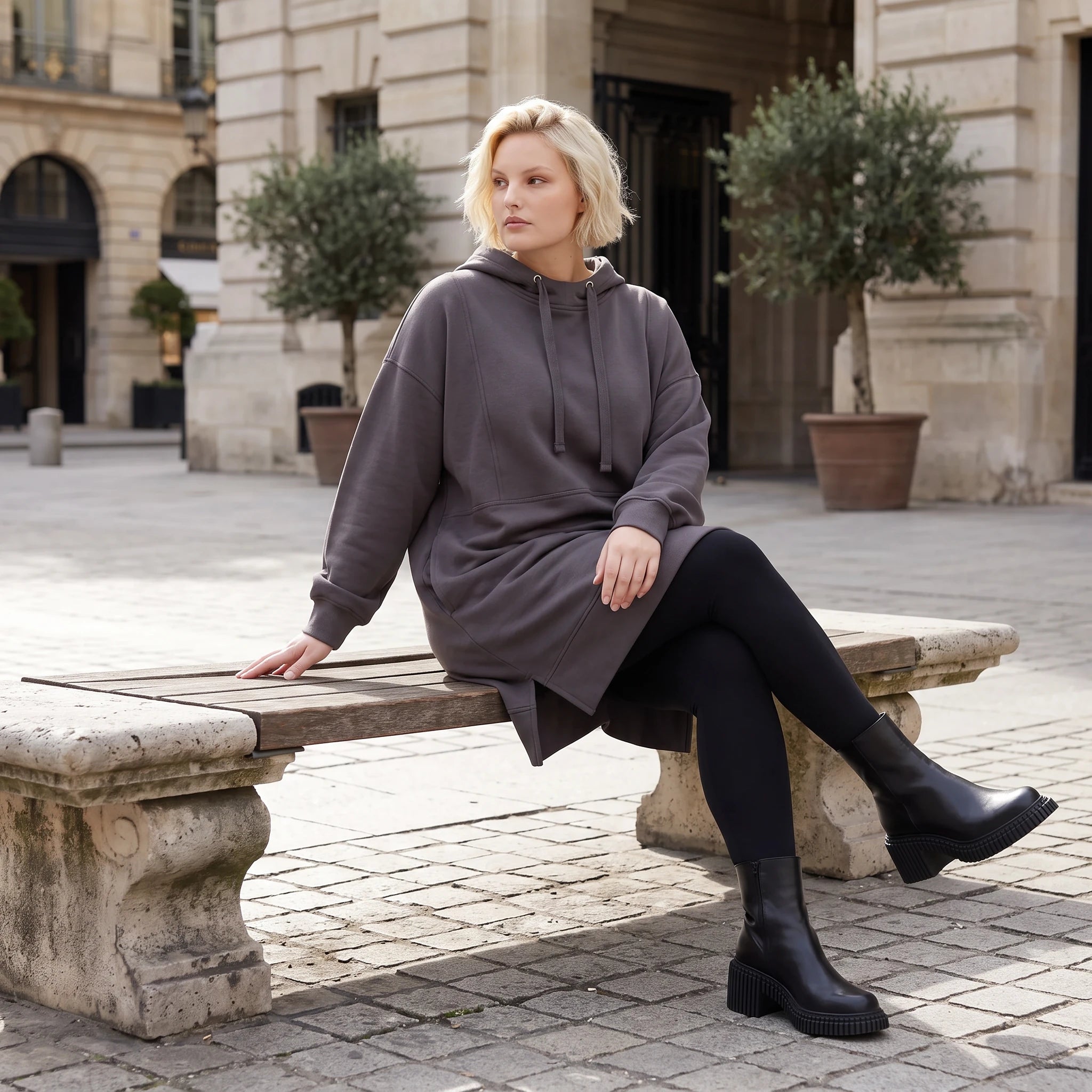 Damen Hoody Lagenlook Baumwolle Anthrazit, gerader Schnitt, Kapuze, Oversize große Größen – Rafay