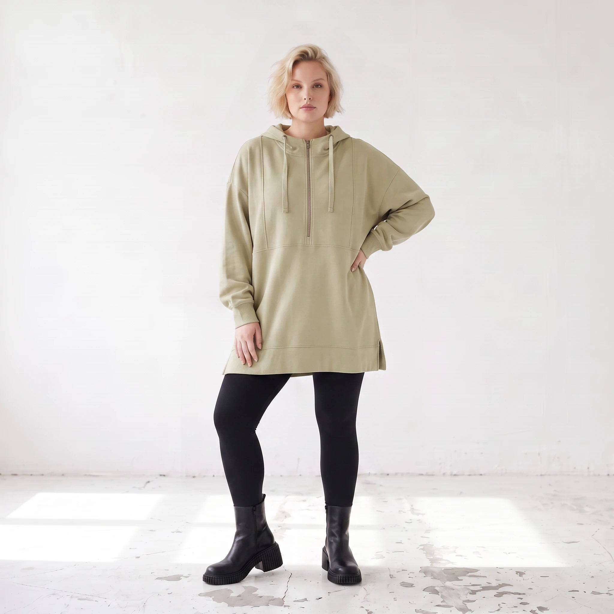 Damen Hoody Lagenlook Baumwolle Beige, gerade Form, Reißverschluss, Oversize große Größen – Rafay