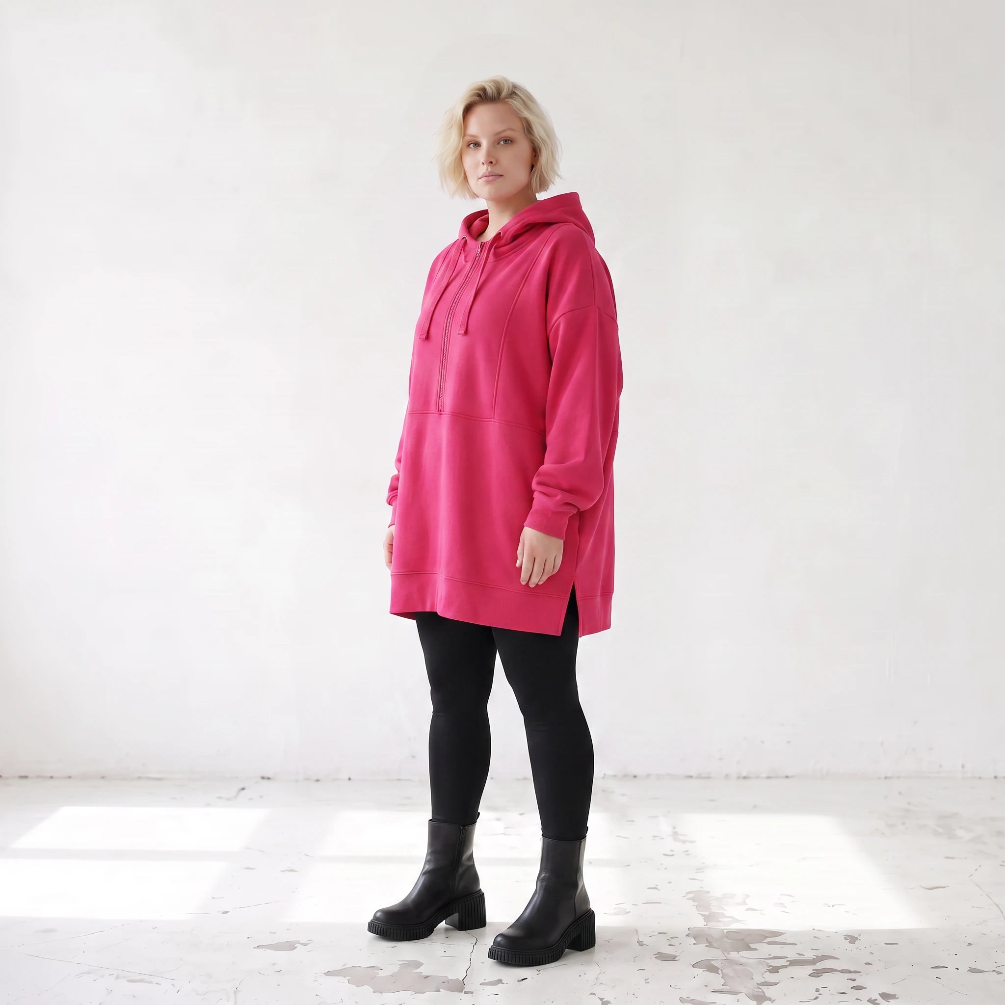 Damen Hoody Lagenlook Baumwolle Pink, gerader Schnitt, Reißverschluss, Oversize große Größen – Rafay