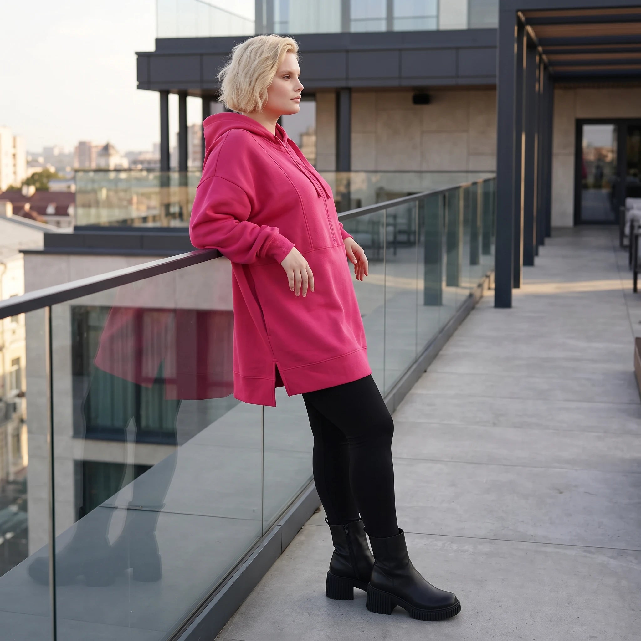 Damen Hoody Lagenlook Baumwolle Pink, gerader Schnitt, Reißverschluss, Oversize große Größen – Rafay