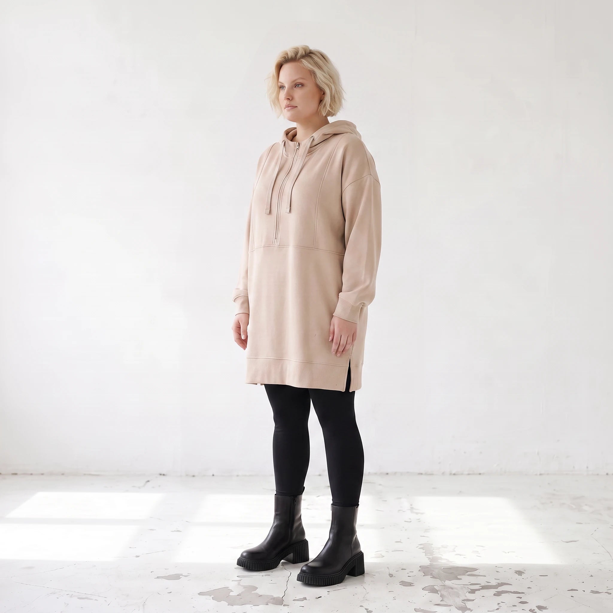 Damen Hoody Lagenlook Baumwolle Beige, gerader Schnitt, Kapuze, Oversize große Größen – Rafay