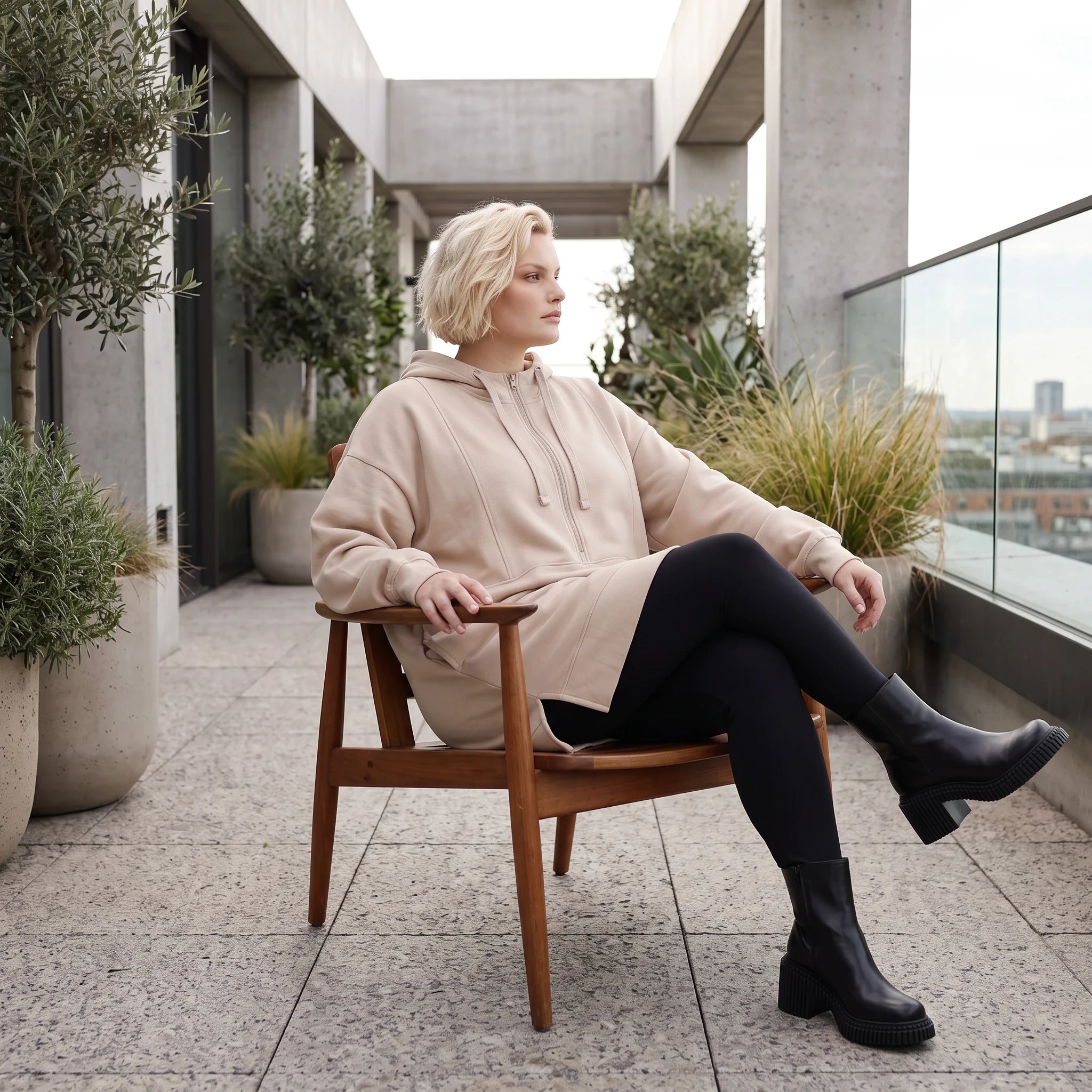 Damen Hoody Lagenlook Baumwolle Beige, gerader Schnitt, Kapuze, Oversize große Größen – Rafay