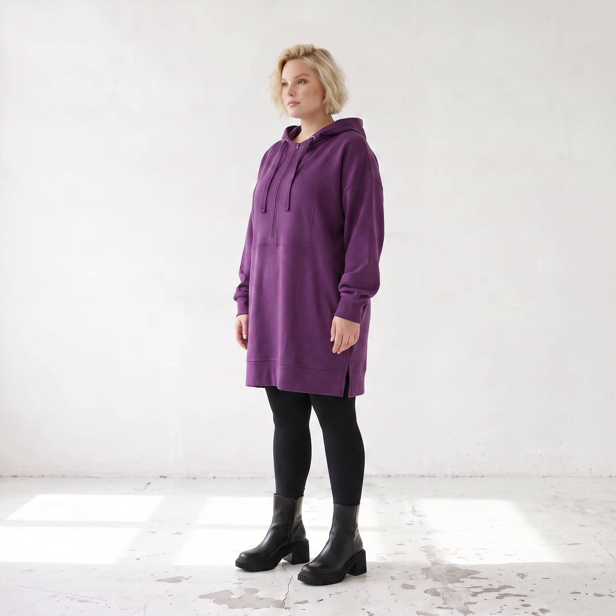 Damen Hoody Lagenlook Baumwolle Lila, gerader Schnitt, Reißverschluss, Oversize große Größen – Rafay