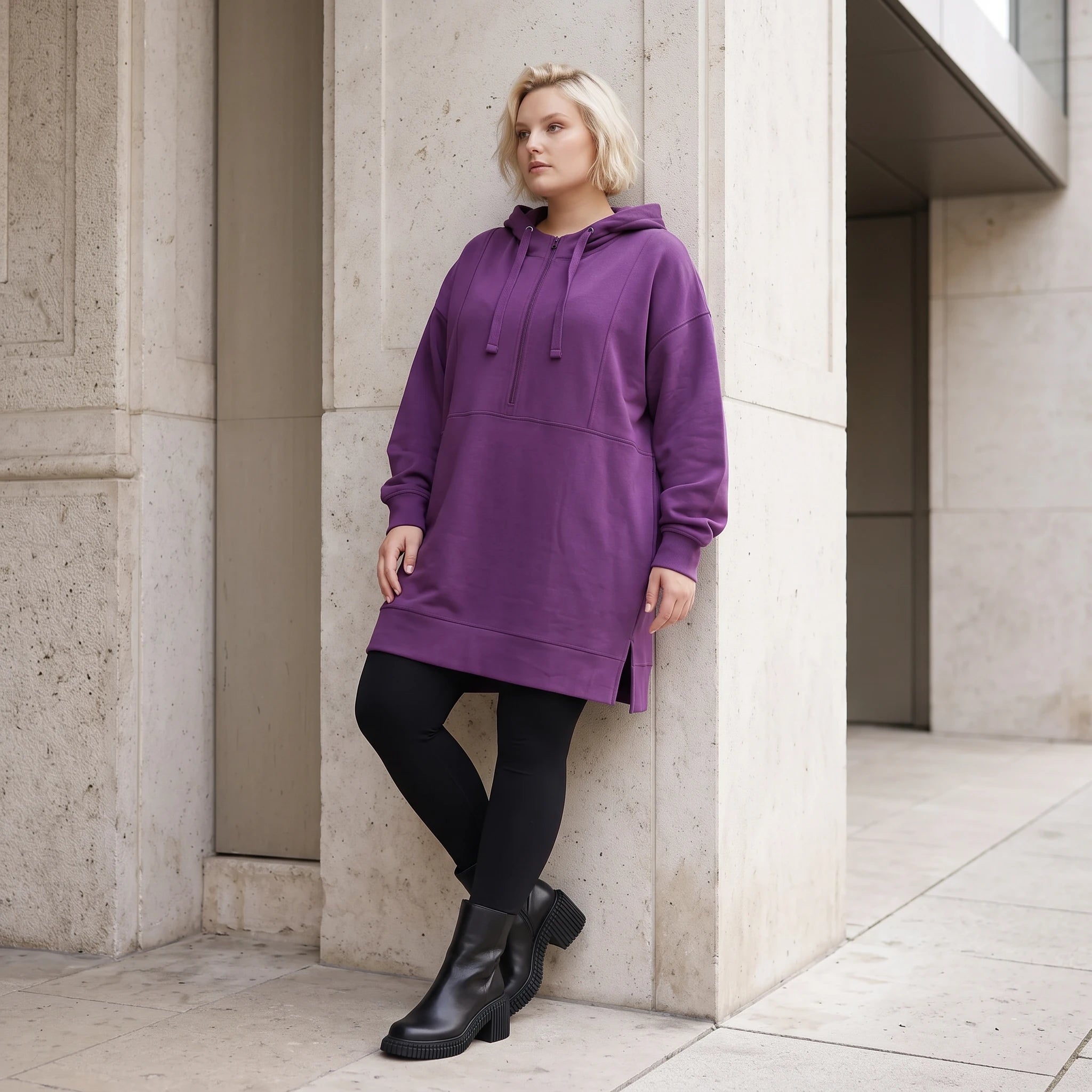 Damen Hoody Lagenlook Baumwolle Lila, gerader Schnitt, Reißverschluss, Oversize große Größen – Rafay