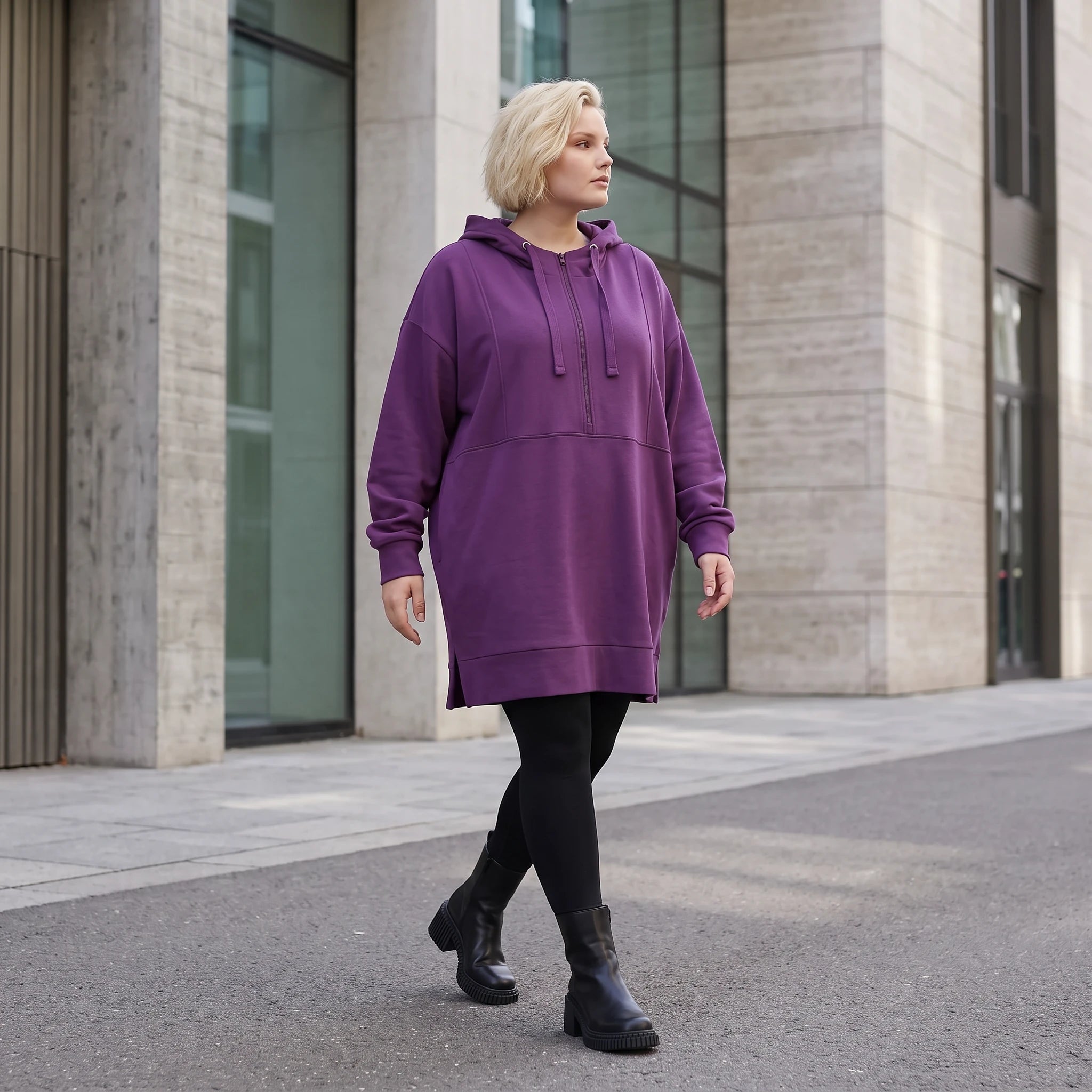 Damen Hoody Lagenlook Baumwolle Lila, gerader Schnitt, Reißverschluss, Oversize große Größen – Rafay