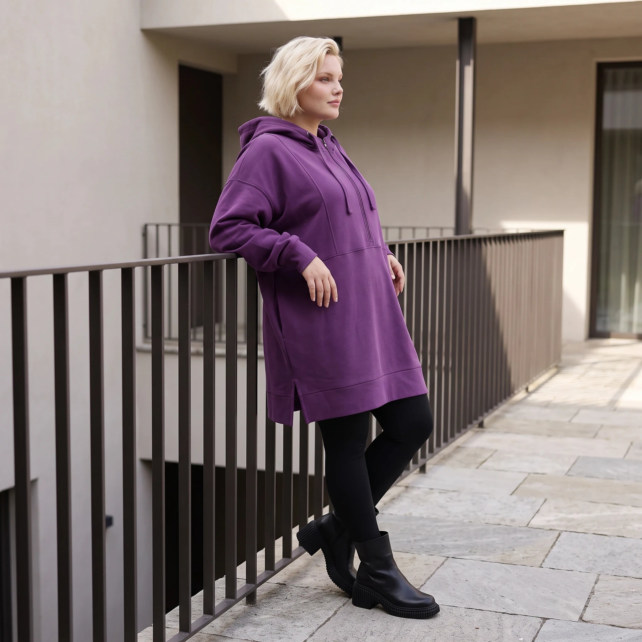 Damen Hoody Lagenlook Baumwolle Lila, gerader Schnitt, Reißverschluss, Oversize große Größen – Rafay