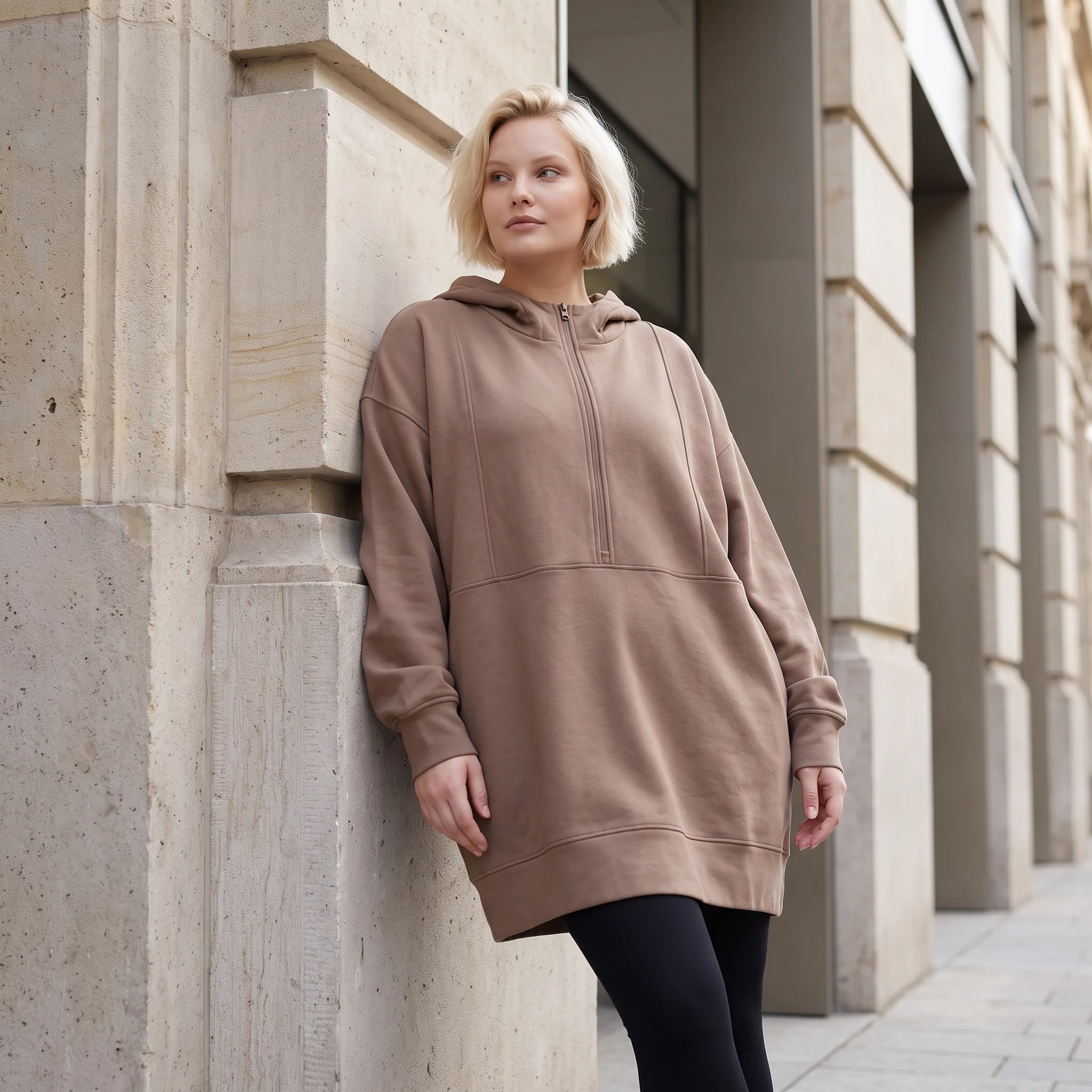 Damen Hoody Lagenlook Baumwolle Braun, gerader Schnitt, Reißverschluss, Oversize große Größen – Rafay