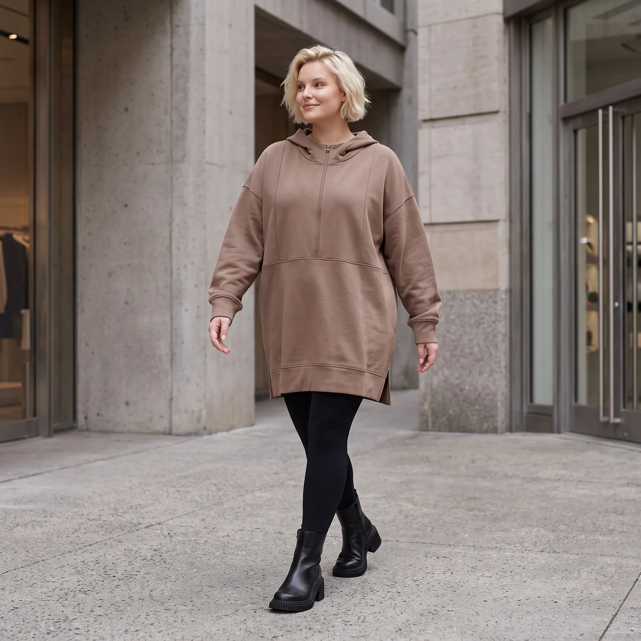 Damen Hoody Lagenlook Baumwolle Braun, gerader Schnitt, Reißverschluss, Oversize große Größen – Rafay