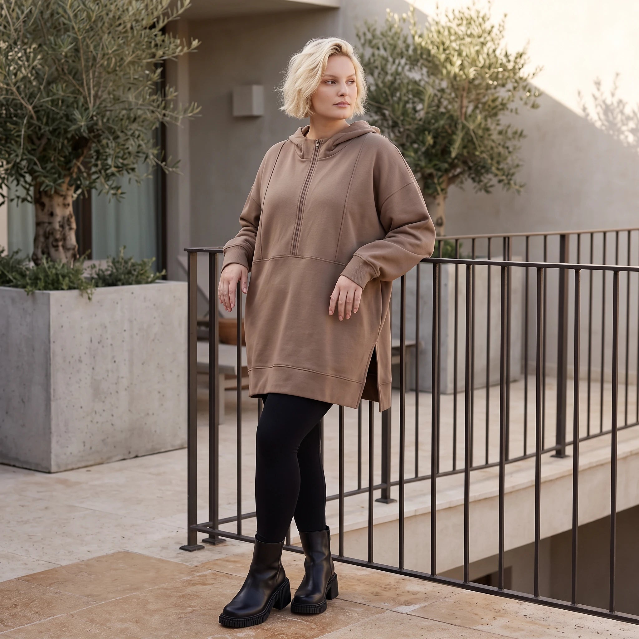 Damen Hoody Lagenlook Baumwolle Braun, gerader Schnitt, Reißverschluss, Oversize große Größen – Rafay